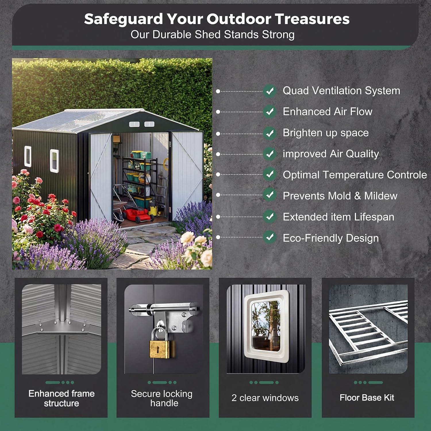 WACASA 10x12 FT Metal Shed with Base Frame Floor Kit | Heavy-Duty Military-Grade 20-Gauge Reinforced Frame with Powder Coating | 50 PSF Snow Load & 120 MPH Wind Rated | Skylight Tiny House Building