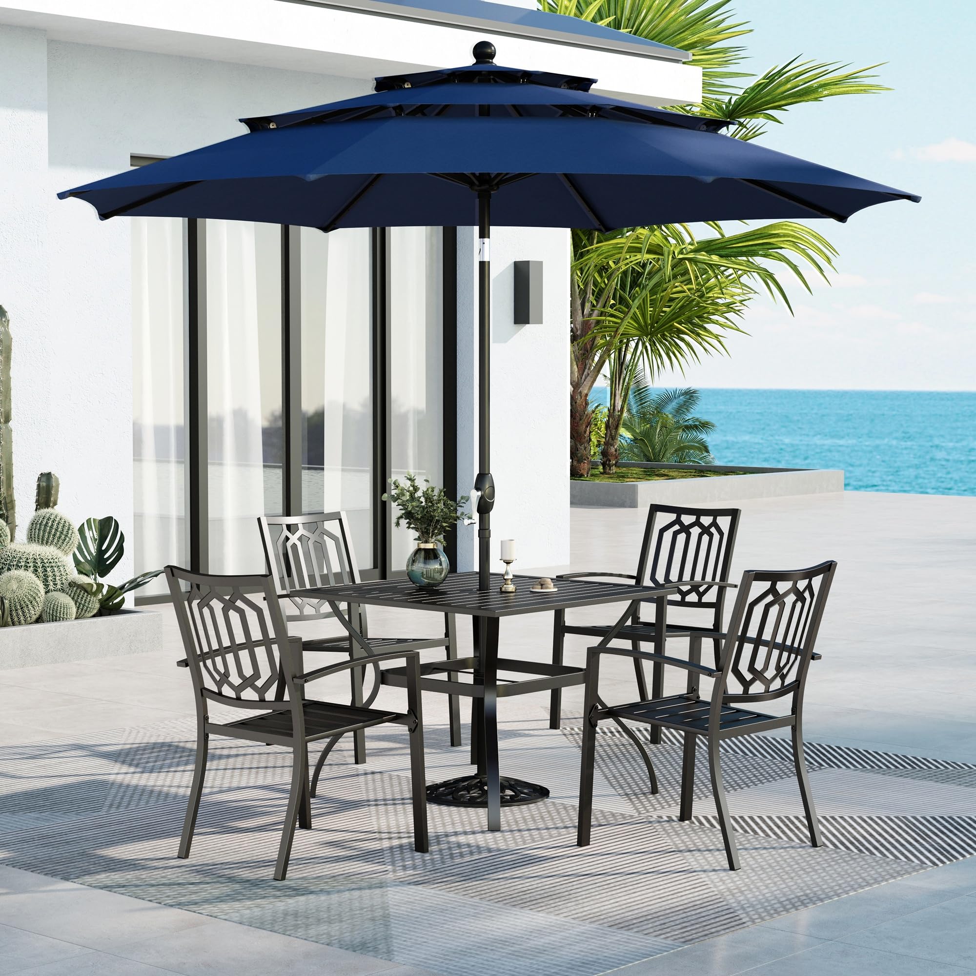 MFSTUDIO Patio Dining Set for 4, Patio Furniture Set with Umbrella(Navy Blue), 4 Stackable Chairs, 1 Metal Square Table and 1 10ft Umbrella(Base Not