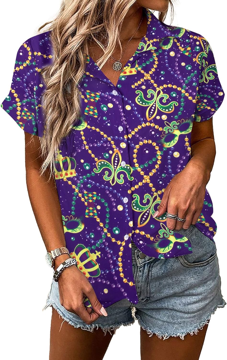 ALLTB Mardi Gras Outfit for Women Hawaii Shirts Carnival Themed Mask Tee Party Holiday T-Shirt Short Sleeve Button Down Top - Image 4