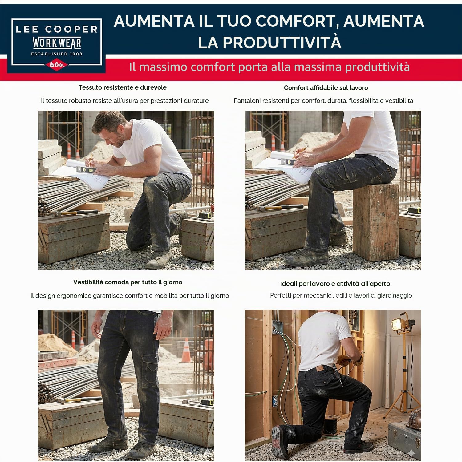 Lee Cooper Jeans Cargo Uomo Regular Fit – Pantaloni Denim Stretch Multi Tasche, Jeans Lavoro Carpenter Resistenti Workwear per Cantiere (nero, 32W / 31L)