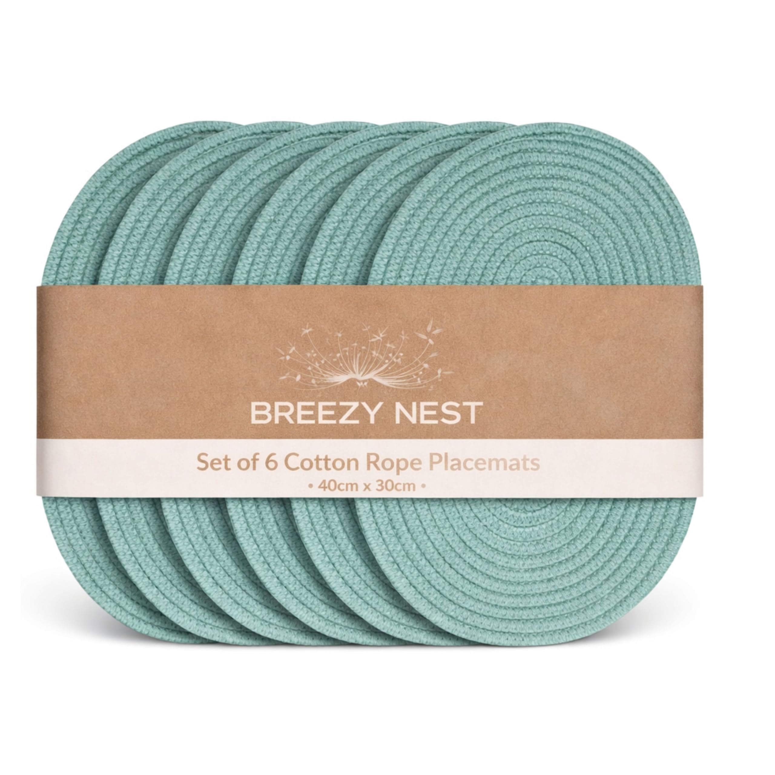 Breezy Nest Cotton Rope Oval Placemats 40 x 30 cm – Woven Table Mats for Dining Table – Neutral Kitchen Placemats Set – Modern Home Table Decor (6, Sage)