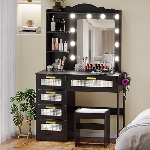 Miniatura 7 de Gurexl Mesa de tocador con espejo iluminado, mesa de maquillaje con 10 luces LED, juego de mesa de maquillaje grande y moderno con taburete de
