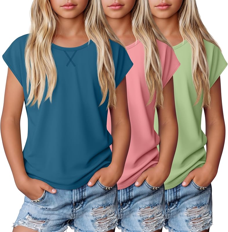 3 Pack Girl's Shirts Kids Summer Tops Cap Sleeve T-Shirts Teen Loose Casual Round Neck Basic Tees 5-14 Y
