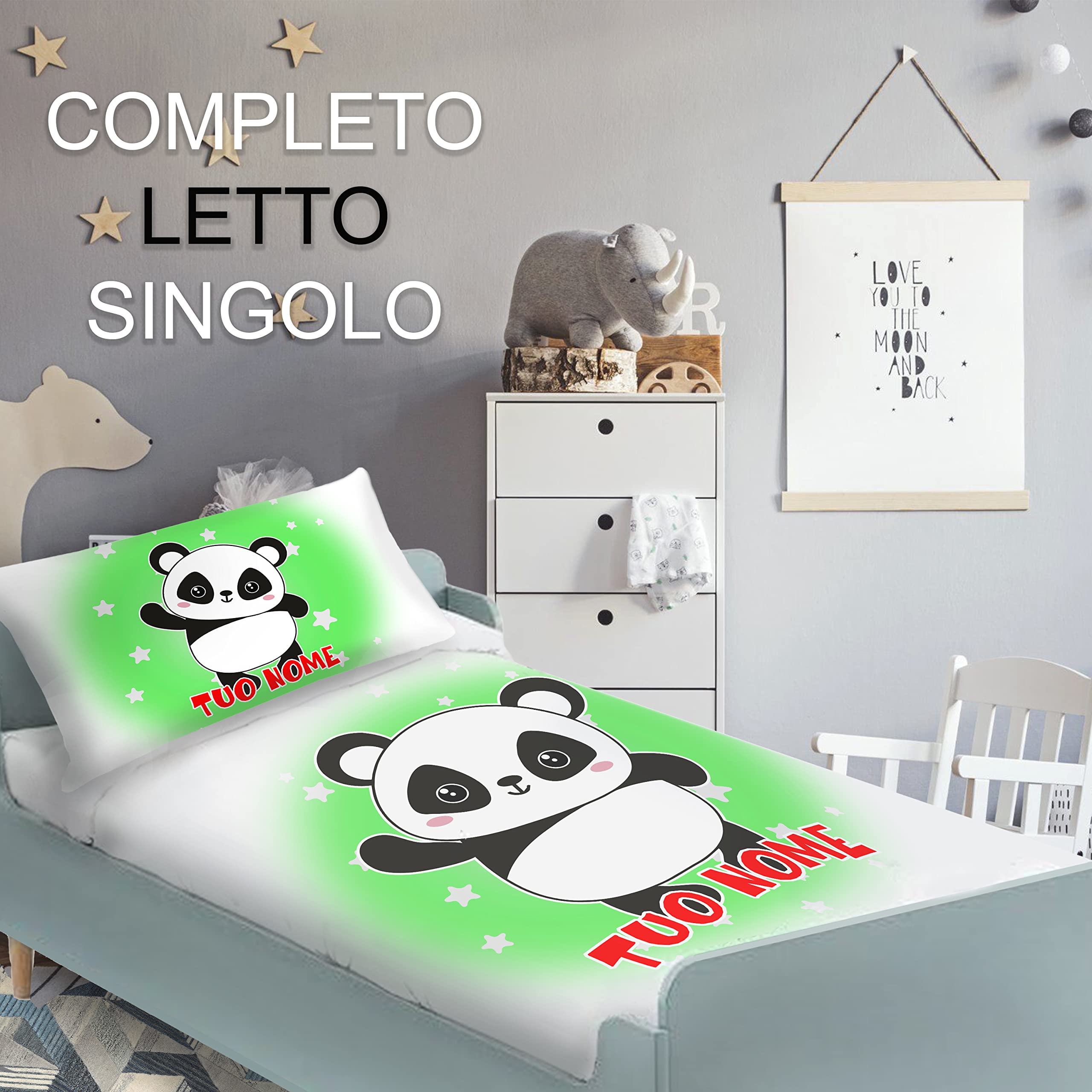 Completo Lenzuola - NOME Personalizzato - Panda - Simpatico - Bimbo - Bimbo - Bambina - Federa Cuscino - Lenzuolo letto - Idea regalo