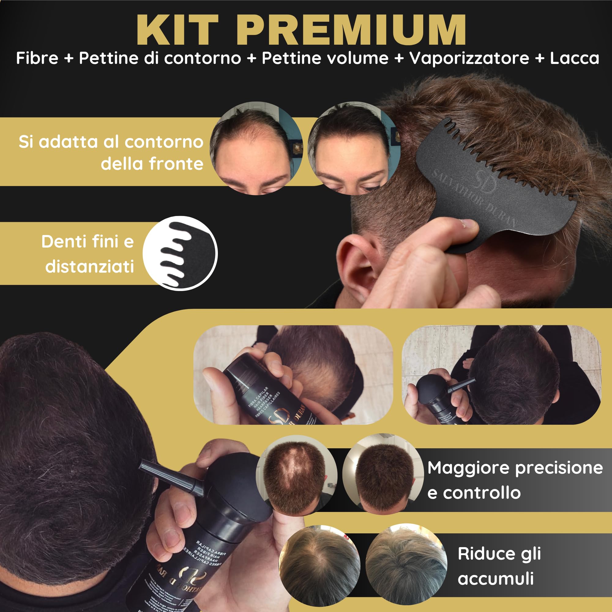 Salvathor Duran Fibre Capillari 25 g - Fibre Capelli Uomo - Fibre Cheratina per Capelli - Kit Premium con Applicatore, Pettine Contorno, Pettine Volume e Fissatore
