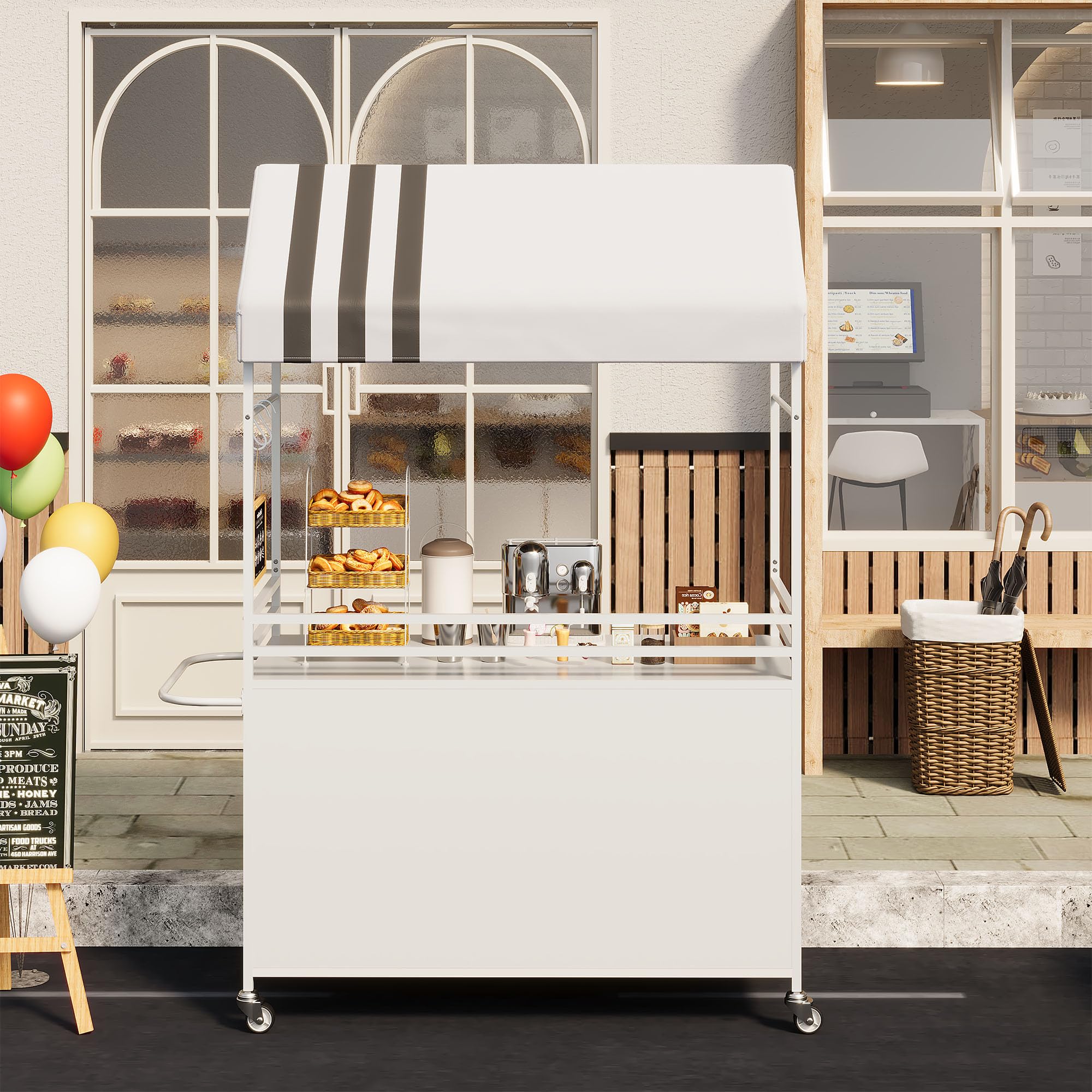 Carrito de Venta portátil con toldo, carritos de Comida móviles con Ruedas con Bloqueo, Soporte de exhibición Callejero de 190 cm de Altura, Resistente, para Eventos en Interiores y Exteriores.