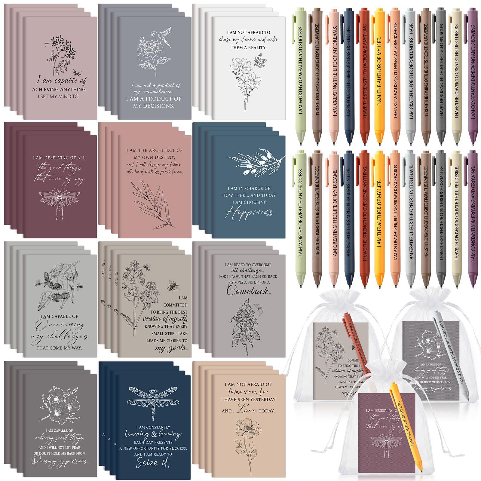 Mooliwe 48 Set/96 Pcs Positive Affirmation Gift Set Gratitude Notebooks with Pens Small Bags Motivational Encouragement Notepad Daily Affirmation Journal for Women Stress Relief Self Care (Minimalist)