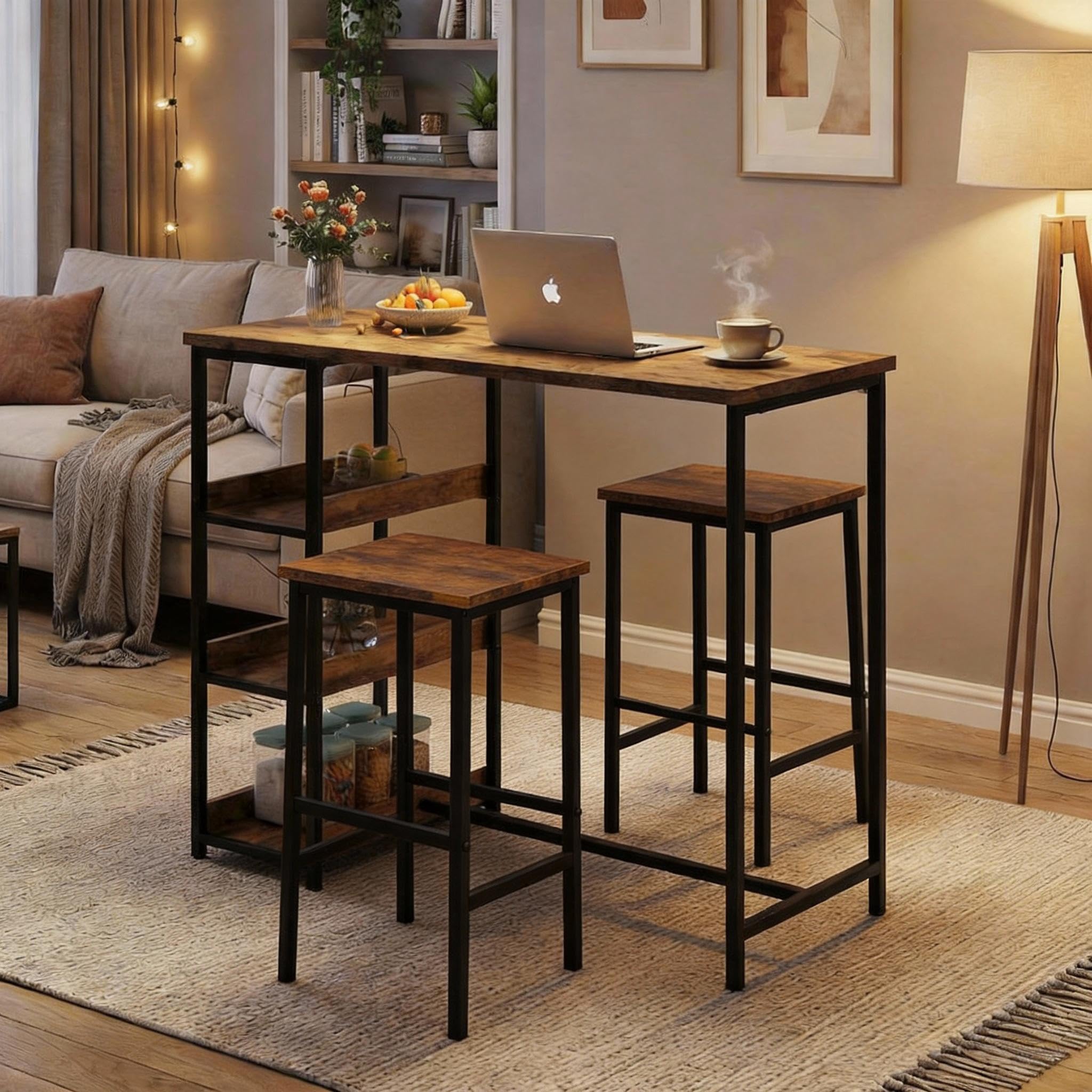 Garvee Bar Tisch Und Stühle Set, Rechteckiger Pub Tisch Mit 2 Hockern Für Kleinen Platz, High Top Tisch, 3-Teilige Frühstück Hocker Set, Robuster Metallrahmen, Einfach Zu Montieren, Rustikal Braun