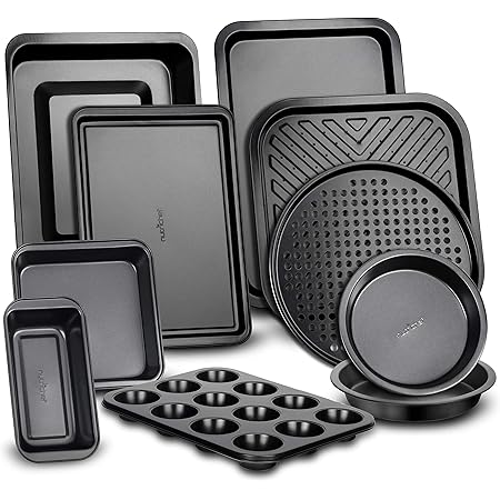 10-Piece Kitchen Oven Baking Pans - Deluxe Carbon Steel Bakeware Set with Stylish Non-stick Gray Coating Inside and Out, Dishwasher Safe & PFOA, PFOS, PTFE Free - NutriChef