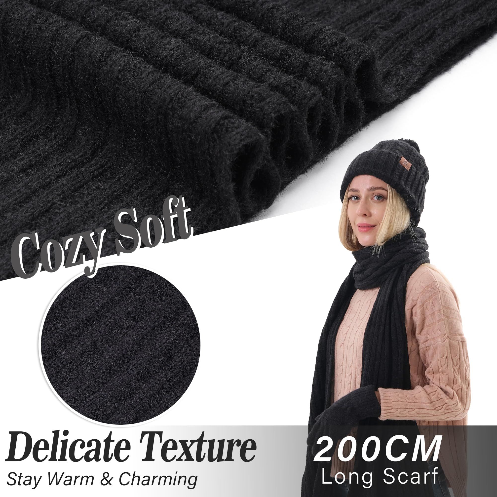 Bequemer Laden Femmes Hiver Chaud Bonnet Pompon Gants Tactiles Longue Echarpe Ensemble Tricot avec Doublure Polaire Cadeaux Noel Femme