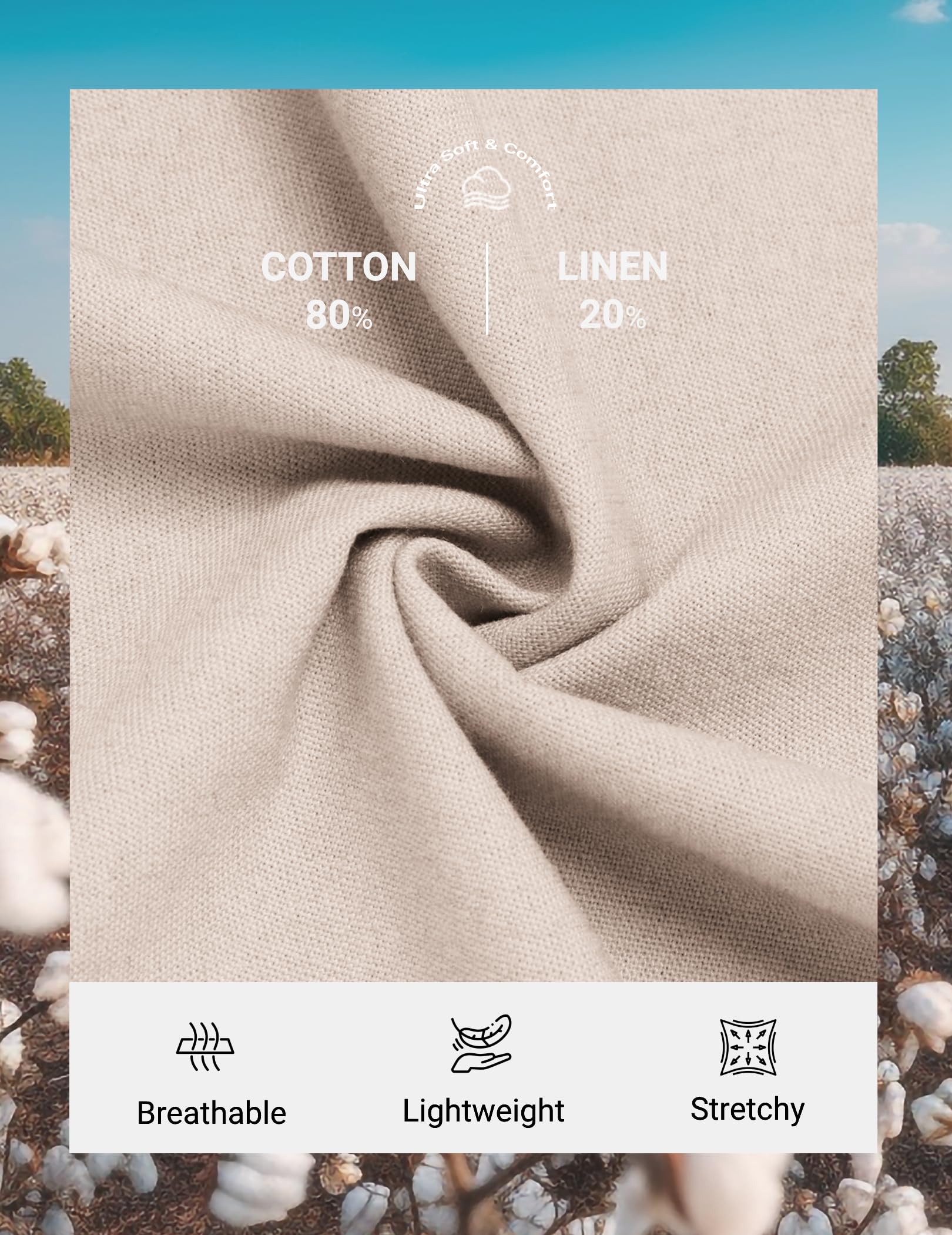 COOFANDY Herren-Hose aus Baumwoll-Leinen, lässig, Kordelzug, Sommer, Strand, leicht, Leinenkleid
