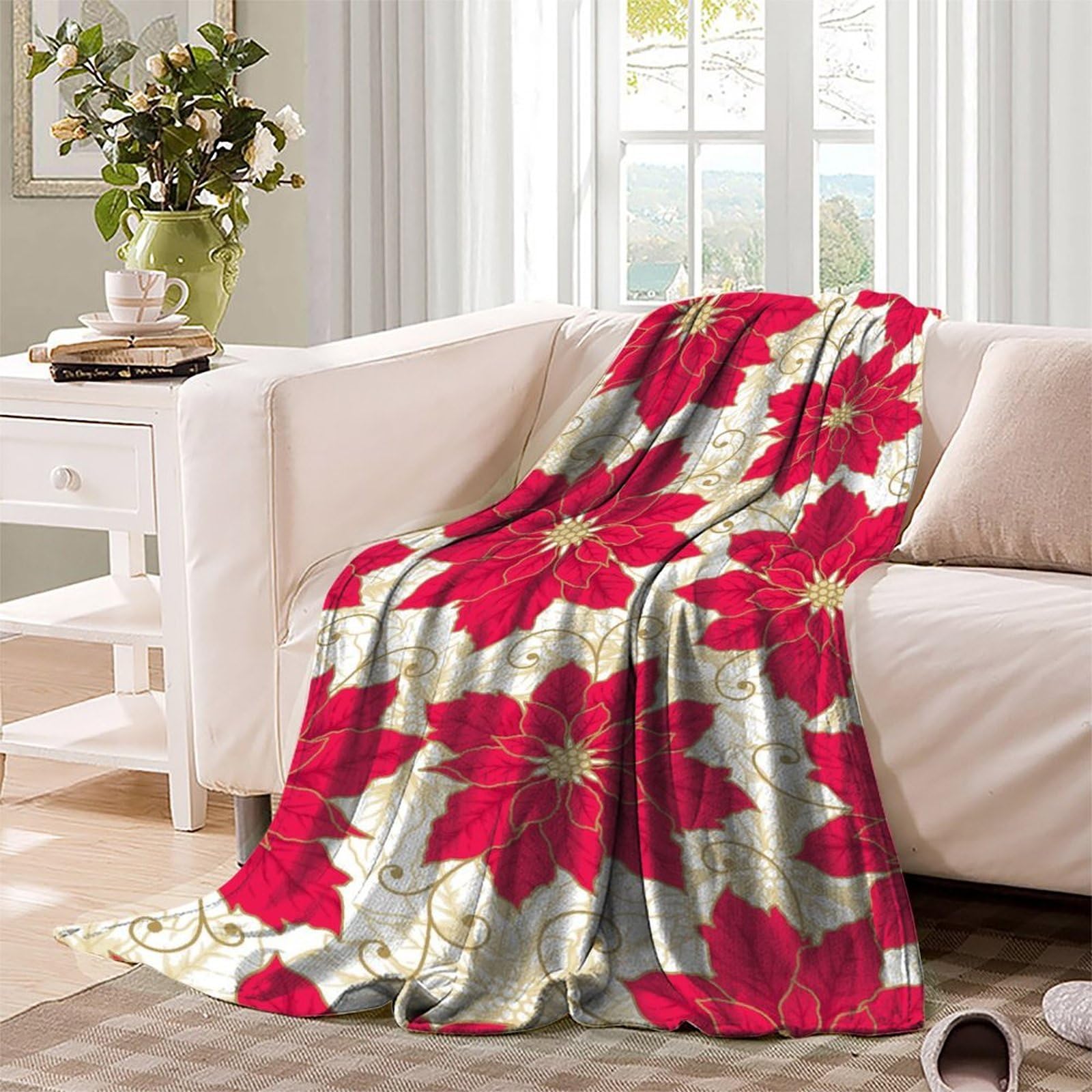 Manta de Navidad 3D Impresa Ponsettia Microfibra Decoración Hogar Manta Floral Navideña Suave Cálida para Sofá Dormitorio 60x80inch(150x200cm)
