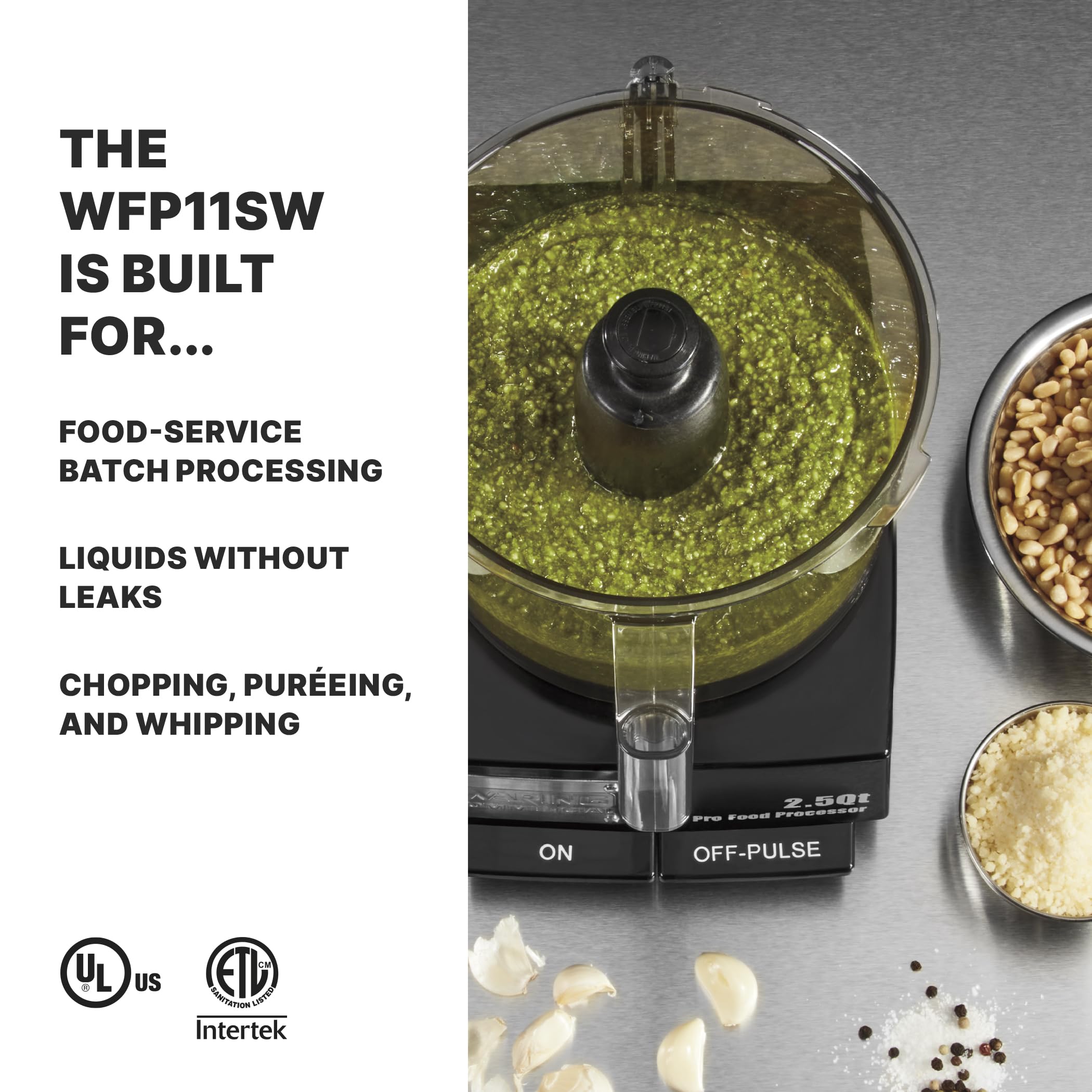 Waring Commercial WFP11SW 2.5 Quart Food Processor, 3/4 HP Motor, Low Profile Design, Patented LiquiLock Seal Bowl System, Includes Whipping Disc and a Standard S blade for Chopping, Pureeing, and Emulsyfying, 120V, 5-15 Phase Plug