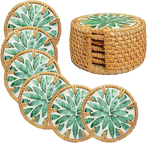 Juego de 6 posavasos aislados, ratán tejido a mano y madreperla, posavasos bohemios duraderos y ecológicos, salvamanteles decorativos para café y