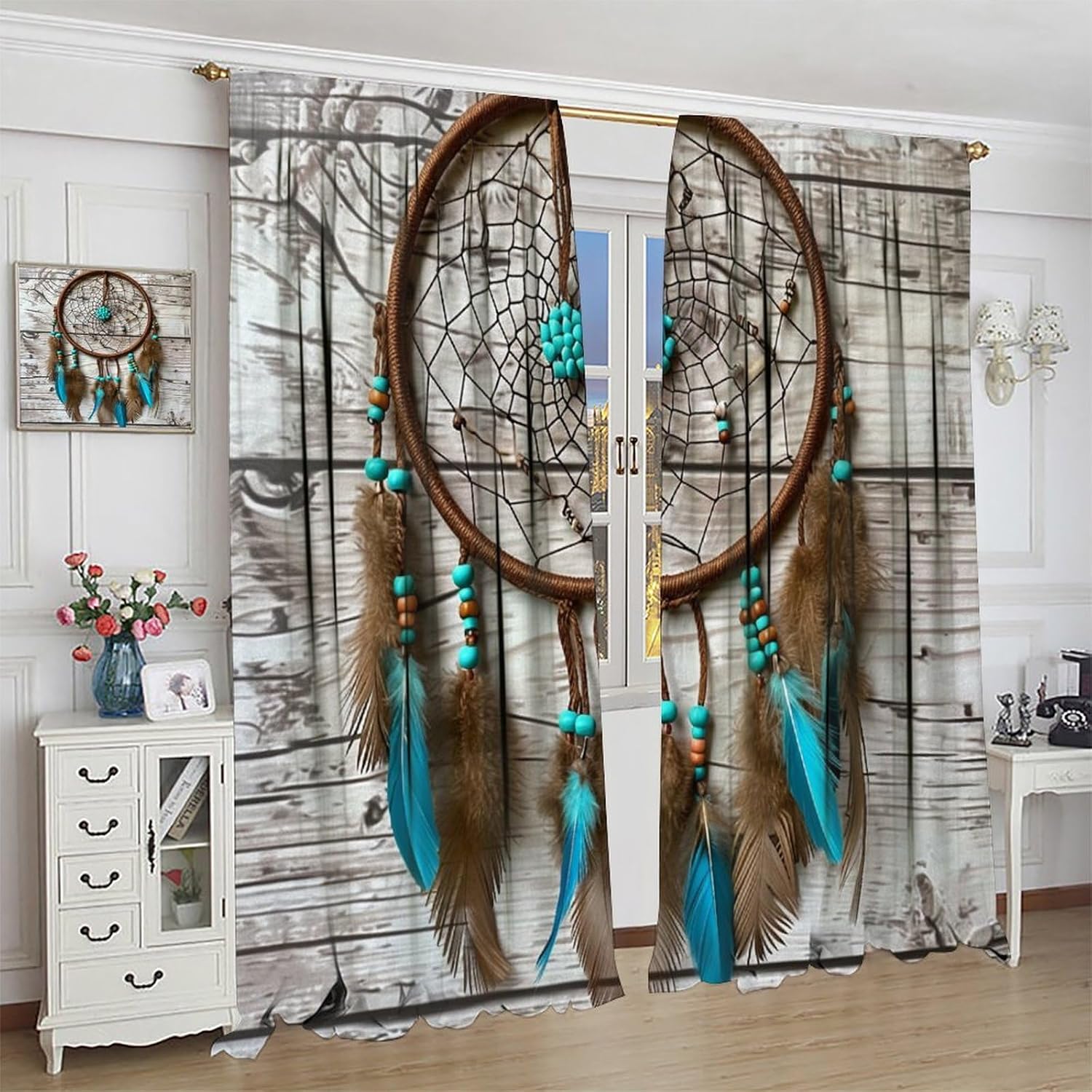 Retro Dream Catcher Blackout Curtains for Bedroom/Living Room, Glam Feather Wood Plank Thermal Insulated Curtains Rod Pocket Window Drapes, 2 Panels/Each 21" W x 45" L