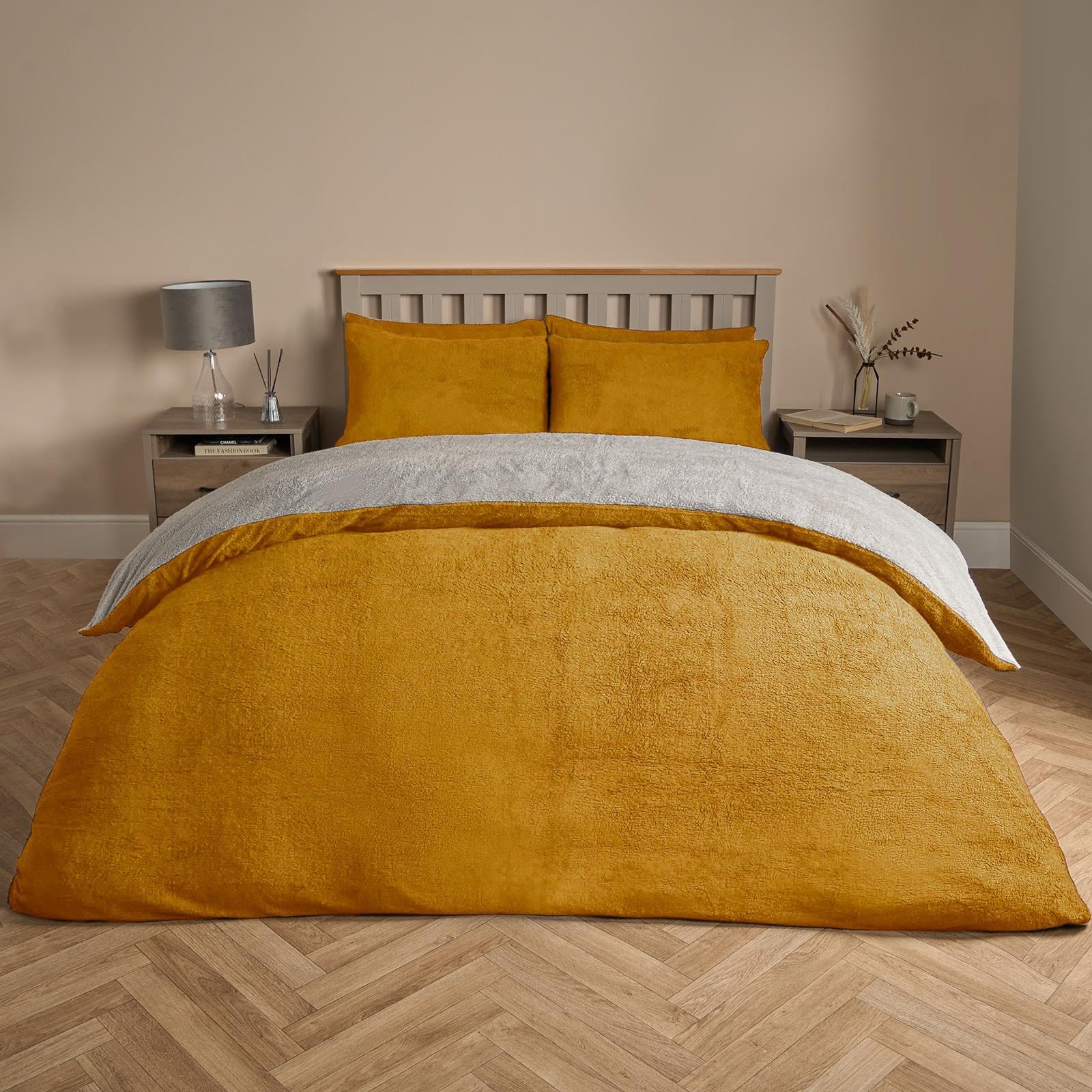 Brentfords Women's Ochre/Grey Reversible Teddy Fleece Duvet Set, Super Soft Cosy Warm Thermal Winter King Duvet Cover Set Plain Dye Fluffy King Size Teddy Bear Bedding With Pillowcases,
