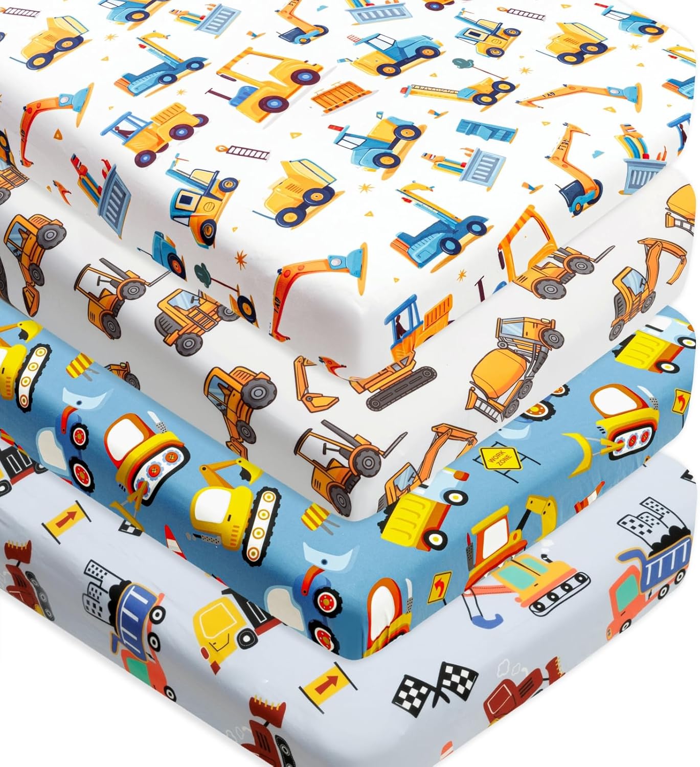 4 Pack Baby Boy Crib Sheets Set Soft Fitted Baby Boy Mattress Covers Construction Truck or Dinosaur Theme Breathable Toddler Sheets for Infant Boys (Construction Truck, Crib Sheets)