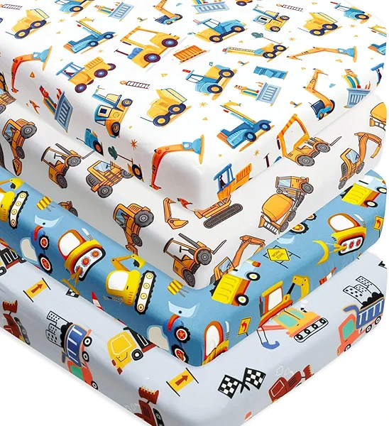 4 Pack Baby Boy Crib Sheets Set Soft Fitted Baby Boy Mattress Covers Construction Truck or Dinosaur Theme Breathable Toddler Sheets for Infant Boys (Construction Truck, Crib Sheets)