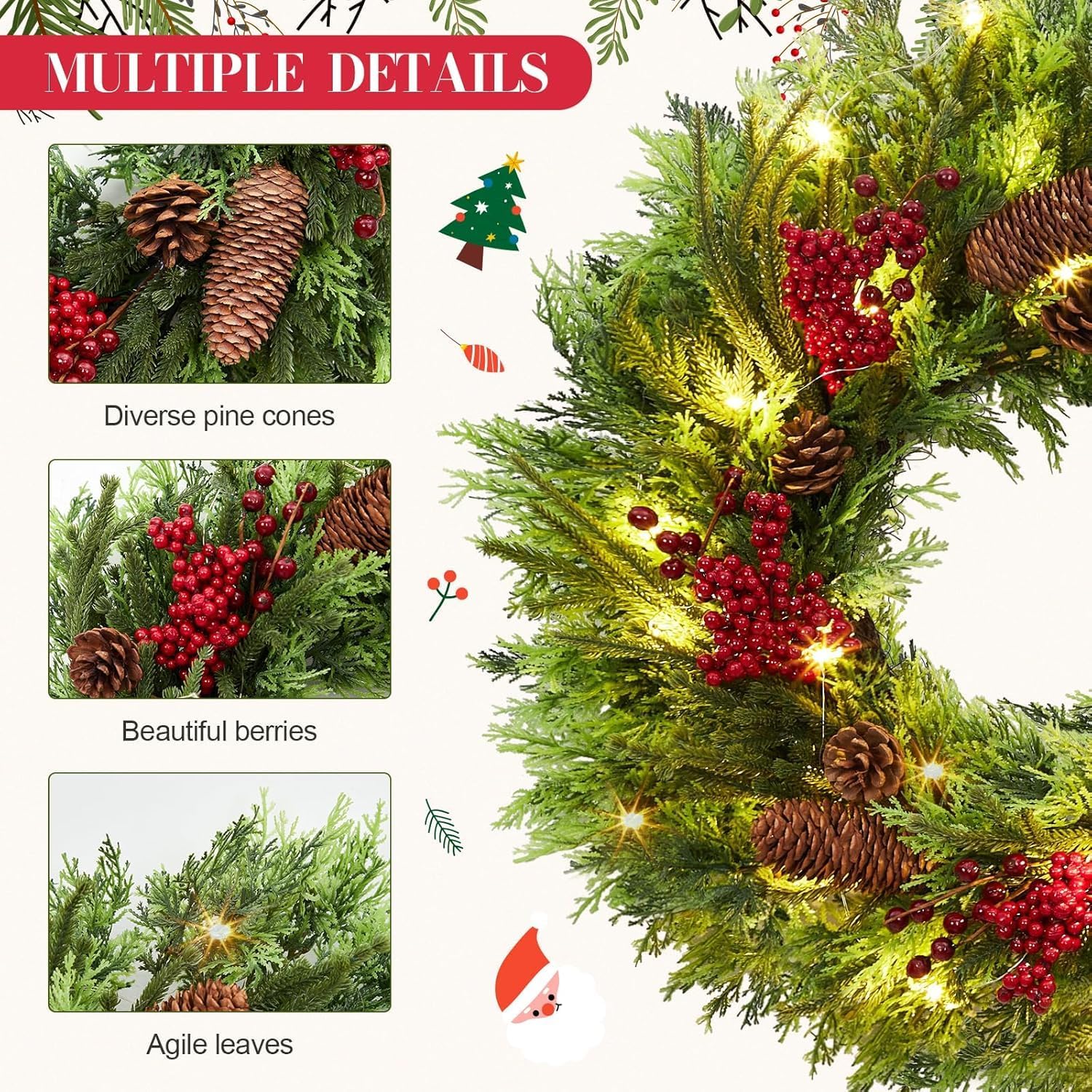 22 inch Lighted Christmas Wreath, Pre-Lit Xmas Wreath with Red Berries, Christmas Decorations, Christmas Wreath for Front Door, Windows, Wall, Mantel Decoration