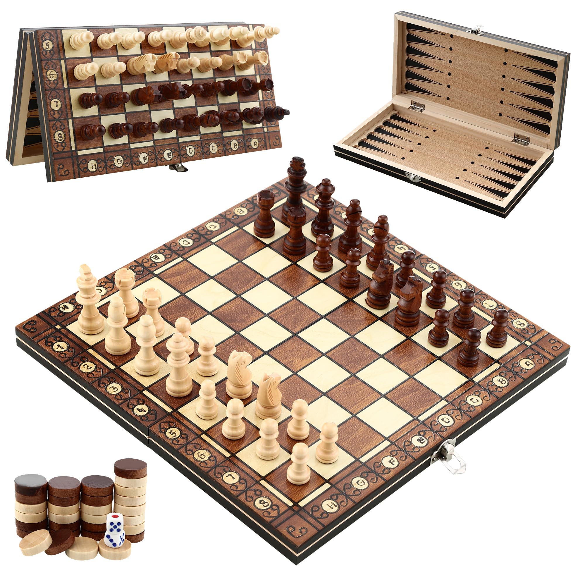 Scacchiera in legno, 3 in 1 Scacchiera Professionale, 29 cm x 29 cm, Scacchiera Portatile e Pieghevoli, Gioco da Tavola di Qualità Adatto a Raduni di Bambini Adulti, Attività Familiari