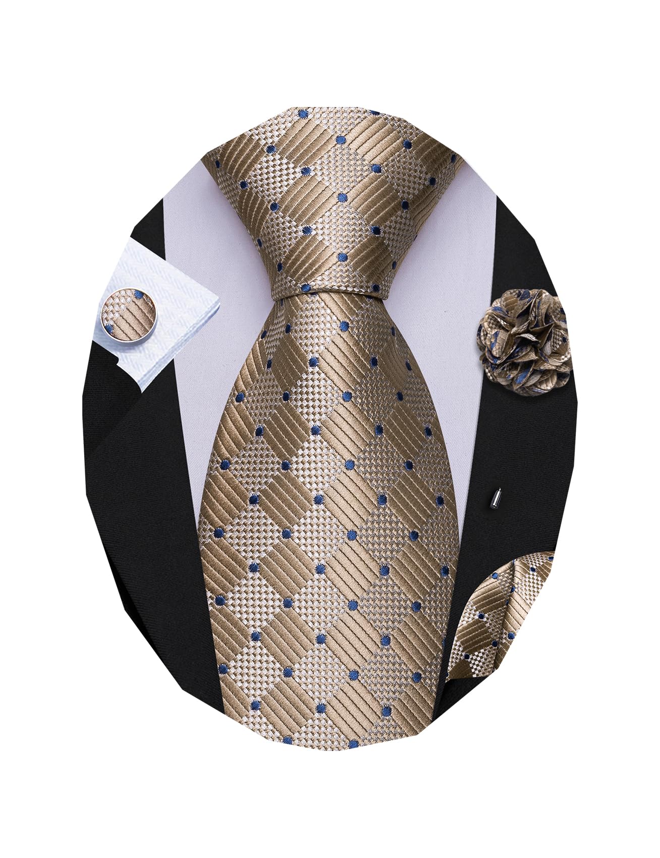 Barry.Wang Plaid Ties Checkered Mens Silk Necktie Handkerchief Cufflinks