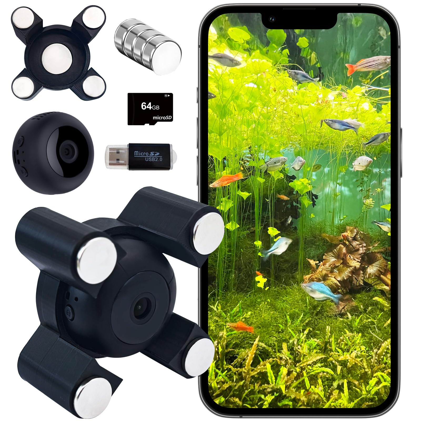 LYML.E1 Aquarium Camera,2k HD Video,Night Vision, 120°Wide Angle View,64gb Sd Card Included,/Wi-Fi/Playbackable.Suitable for Windows, Outdoor, Living