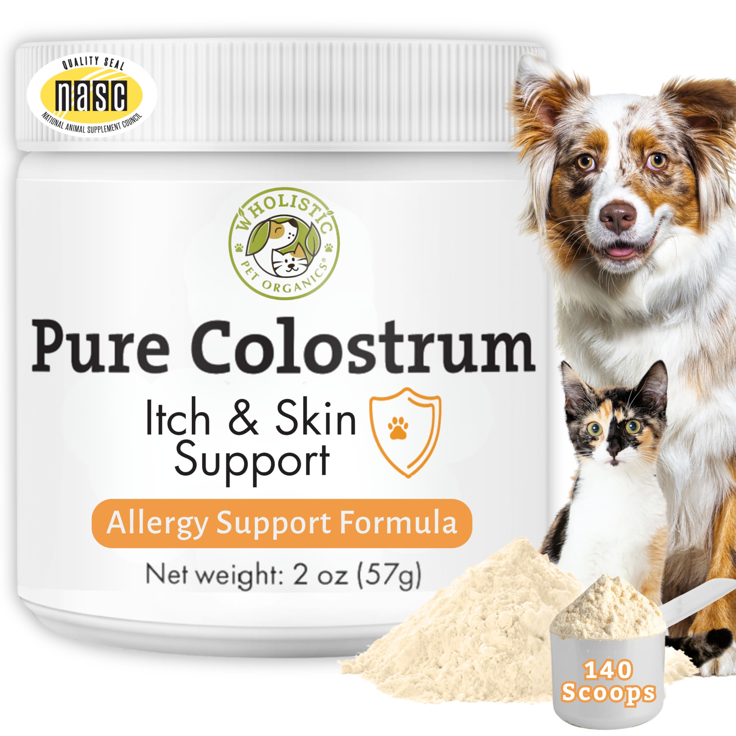 Wholistic Pet Organics Colostrum for Dogs & Cats - Bovine Colostrum Powder - Cat & Dog Allergy Relief, Immune Support & Itching Skin Relief - Cat and Dog Vitamins for Itchy Skin - 2 oz - 140 Scoops