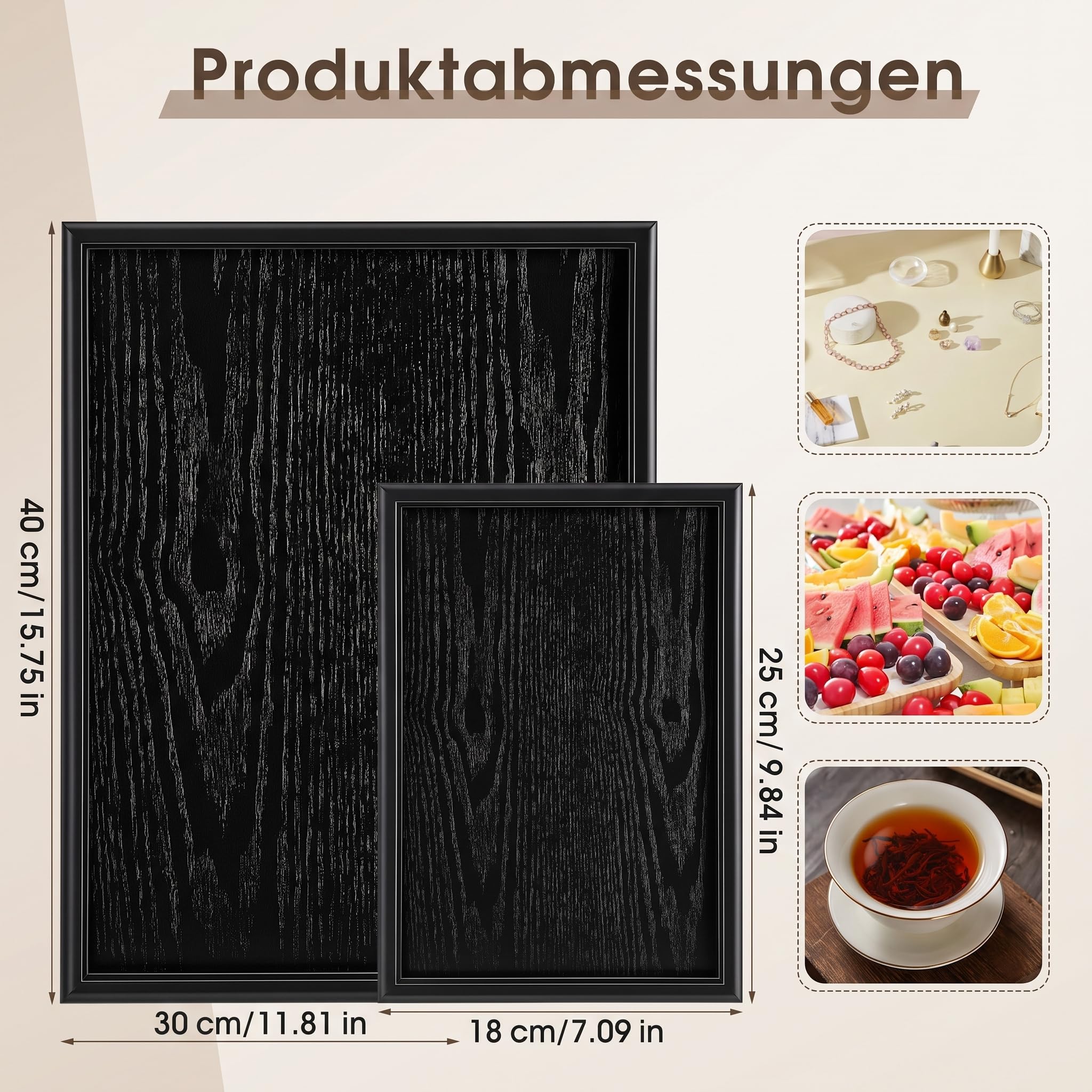 Set di 2 vassoi in legno, 40 x 30 cm e 25 x 18 cm, rettangolari, nero, vassoio da cucina per colazione, tè, caffè, per bagno, ristorante, hotel, caffè (2)