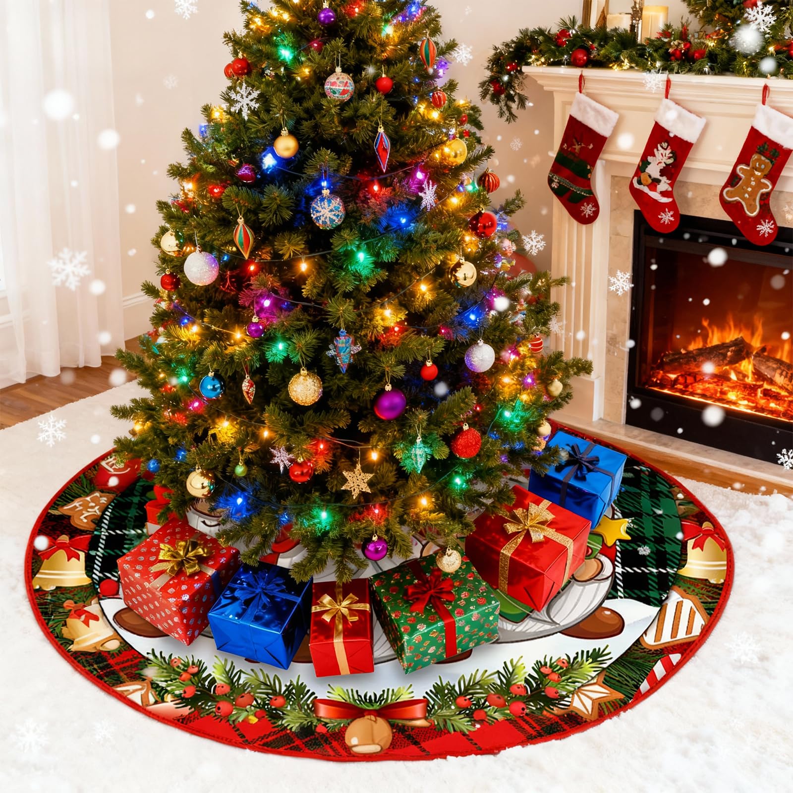 120 Cm Falda De árbol De Navidad Rojo Alfombra, Tapete para Navidad Fiesta De Año Nuevo, (Tres Enanos navideños)