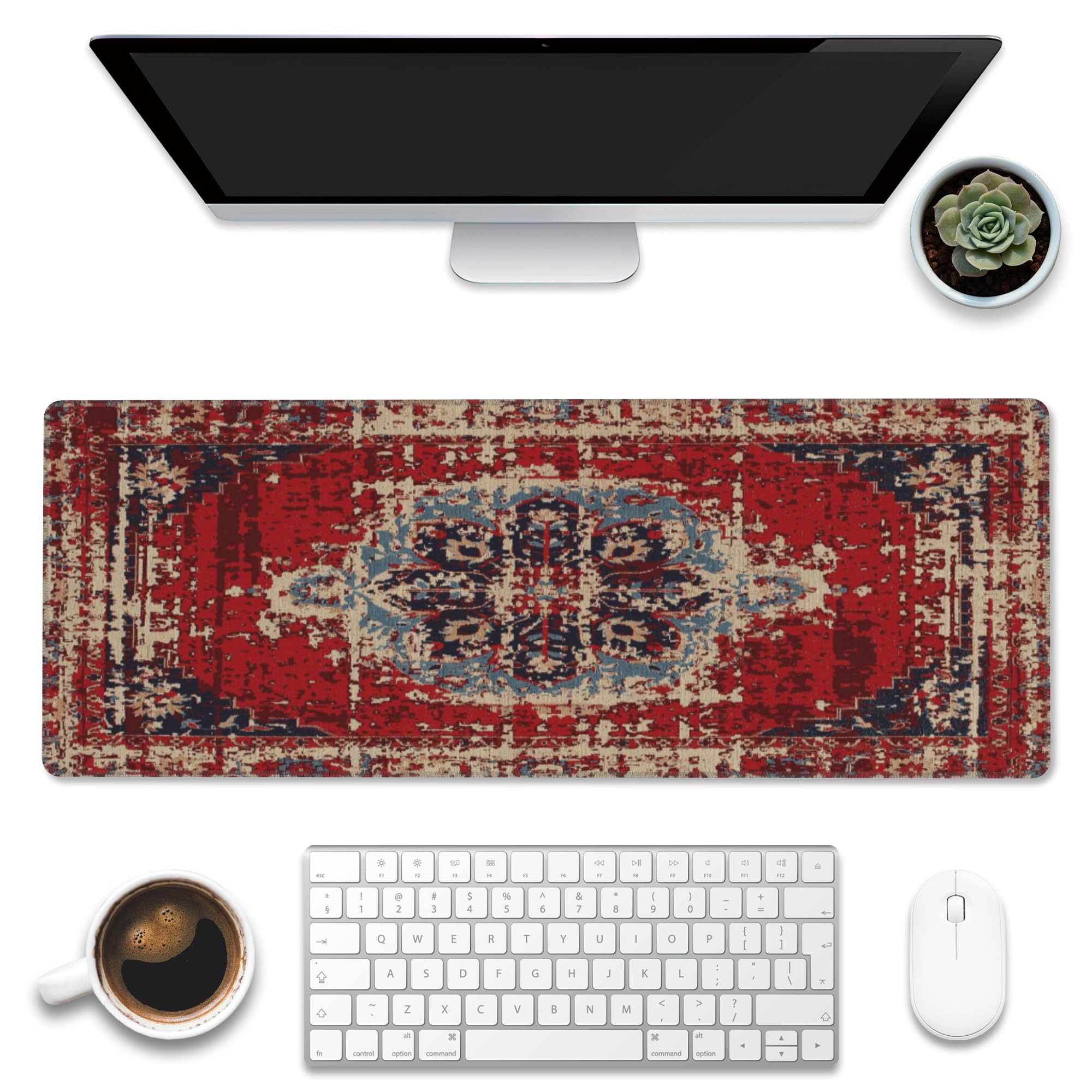Desk Mat,Boho Carpet Style Large Gaming Mouse Pad XL,Boho Rug Desk Pad,Extended Big Computer Keyboard Mouse Pad with Non-Slip Base and Stitched Edges