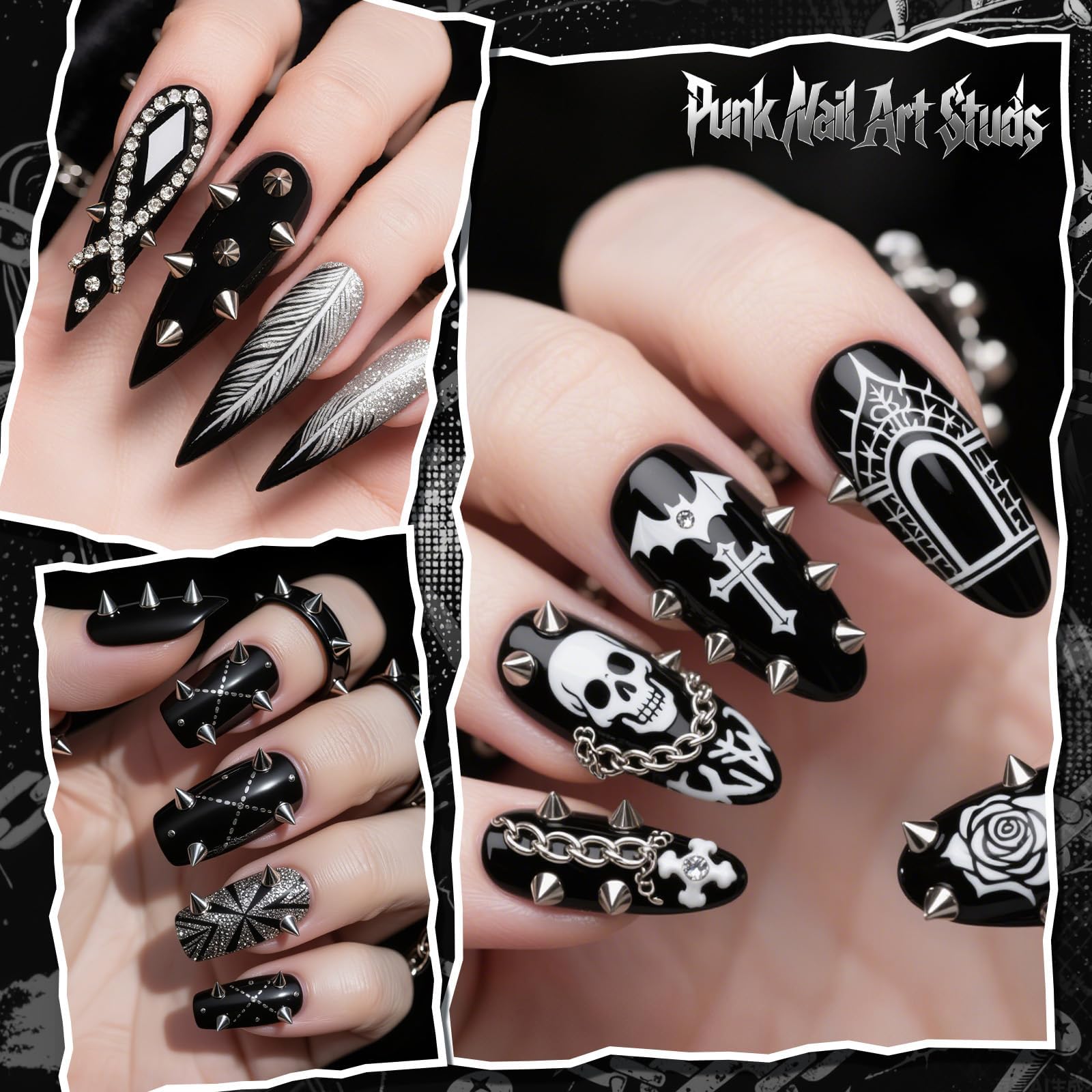 12 pudełek gotyckich zawieszek do paznokci, mini kolce do paznokci, punkowe ćwieki, styl wiktoriański i Halloween, manicure, dekoracje do paznokci, płaskie, metaliczne kolce 3D