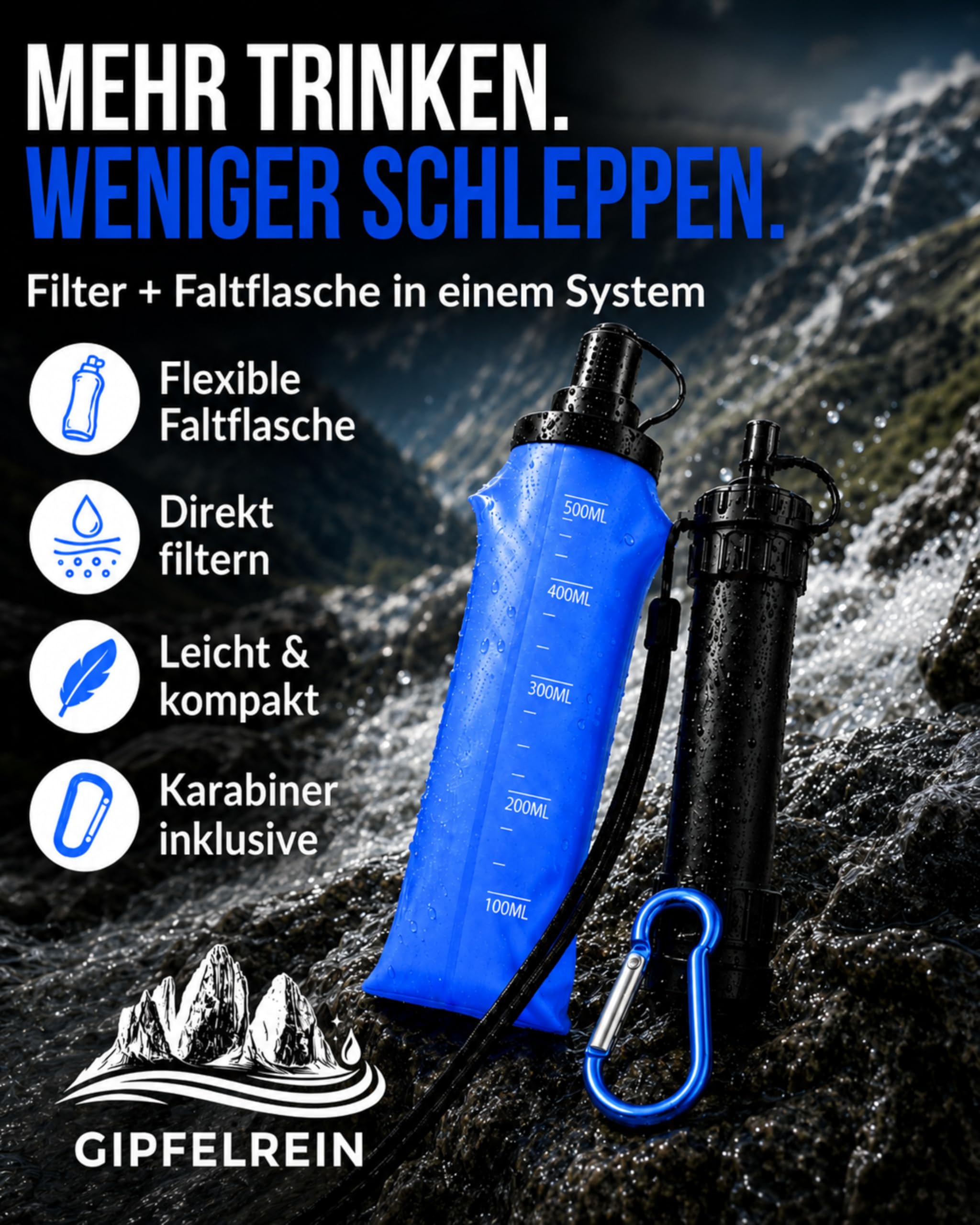 Wasserfilter Outdoor + faltbare Trinkflasche 0,5L I Tragbarer Trinkwasserfilter für Camping, Wandern & Survival I Filtert 99,99% der Bakterien I Trinkwasseraufbereitung für 4000L I Gipfelrein