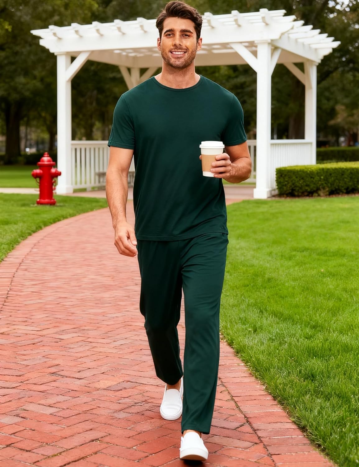 GYS Bamboo Viscose Men's Pajama Sets Short Sleeve Crew Neck Lounge Sets with Pockets - Image 3