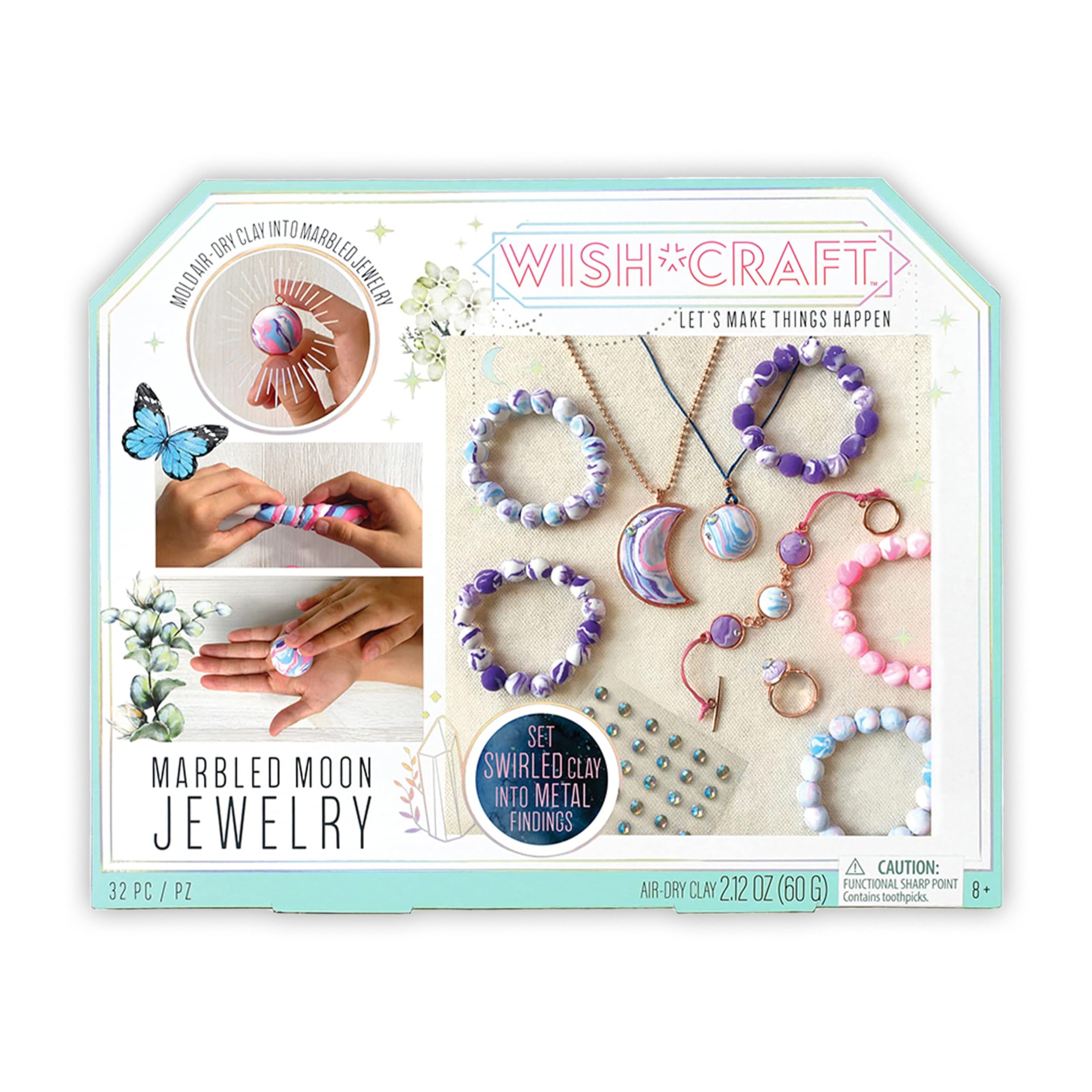 Bright Stripes Wish*Craft Marbled Moon Jewelry – DIY Marbleized Clay Jewelry Kit with Air-Dry Clay Molds, Iridescent Gems, Vibrant Colors, Metal Findings, Versatile String & Resealable Storage Bags