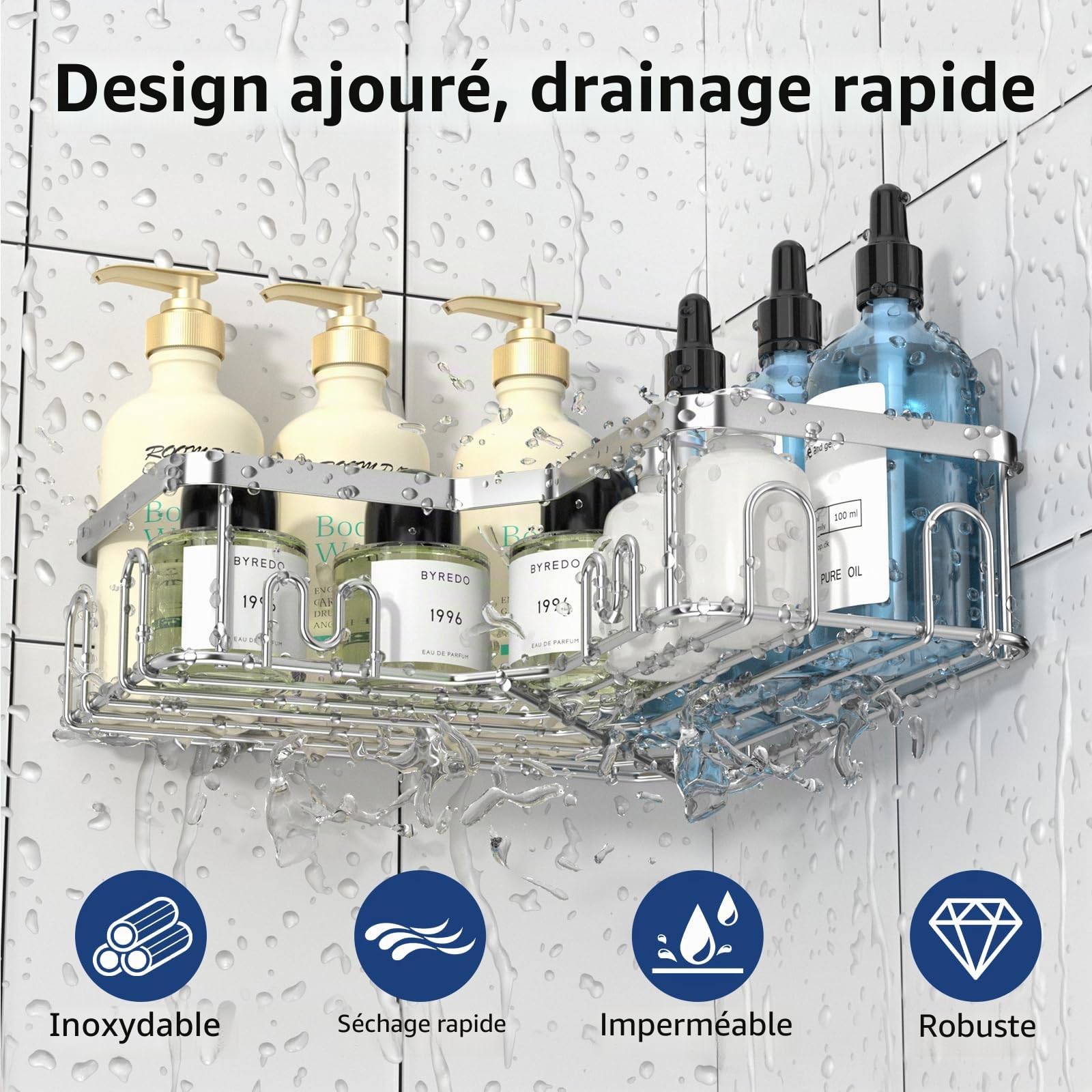 Menbyci Lot de 3 étagères d'angle de douche avec 18 crochets, en acier inoxydable adhésif pour salle de bain (argenté)