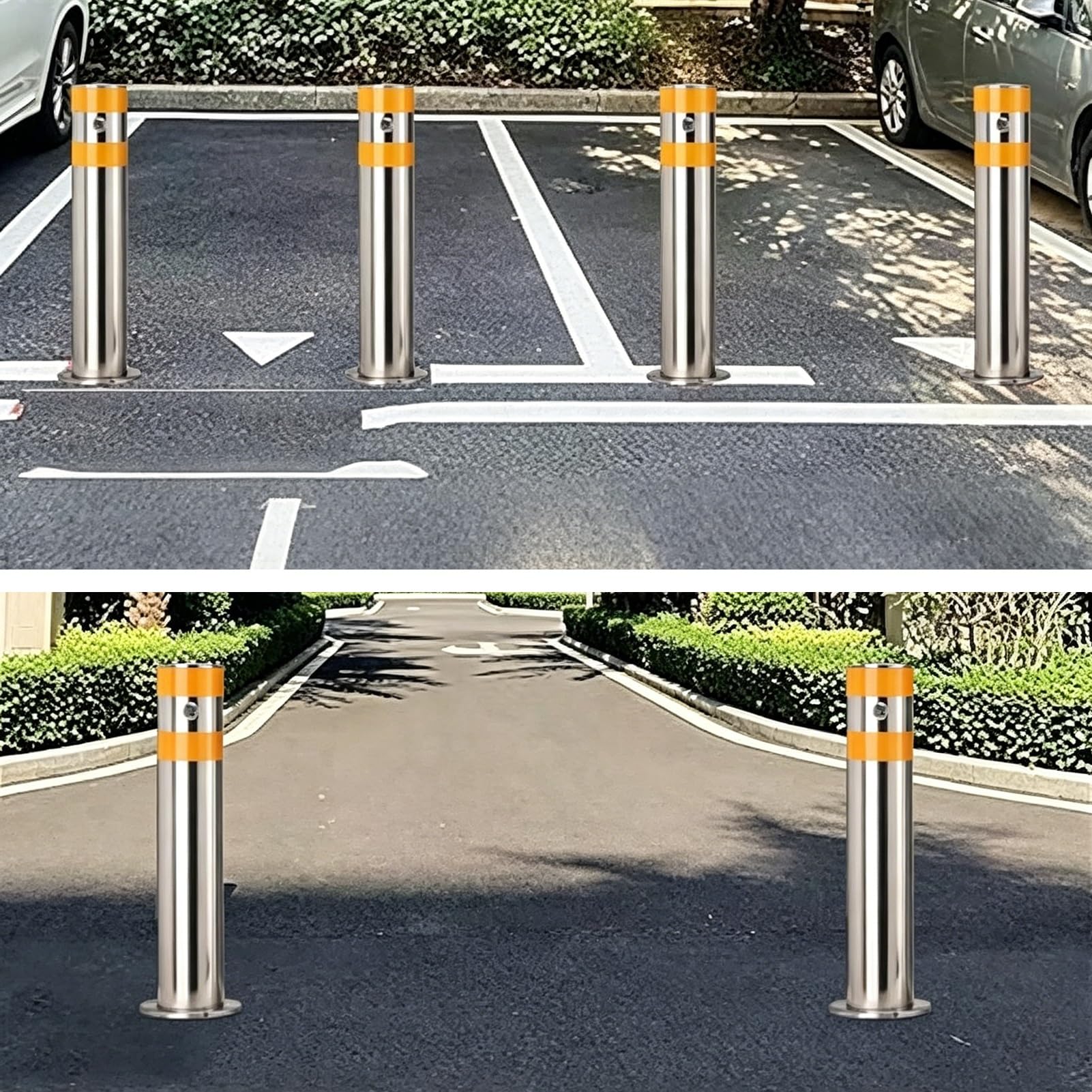 Generico Paletto di Segnalazione Rimovibile in Acciaio Inox con Serratura e Strisce Riflettenti - Barriera Gialla per Il Controllo del Traffico in Garage e parcheggi privati (2 Pezzi)