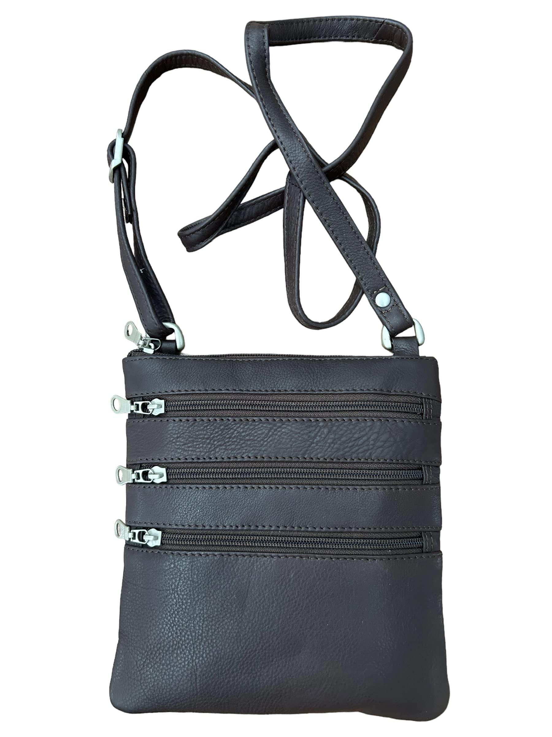 E ELTON Timeless Elegance: Genuine Leather Three Zipper Crossbody Handbag for Women Chocolate Brown