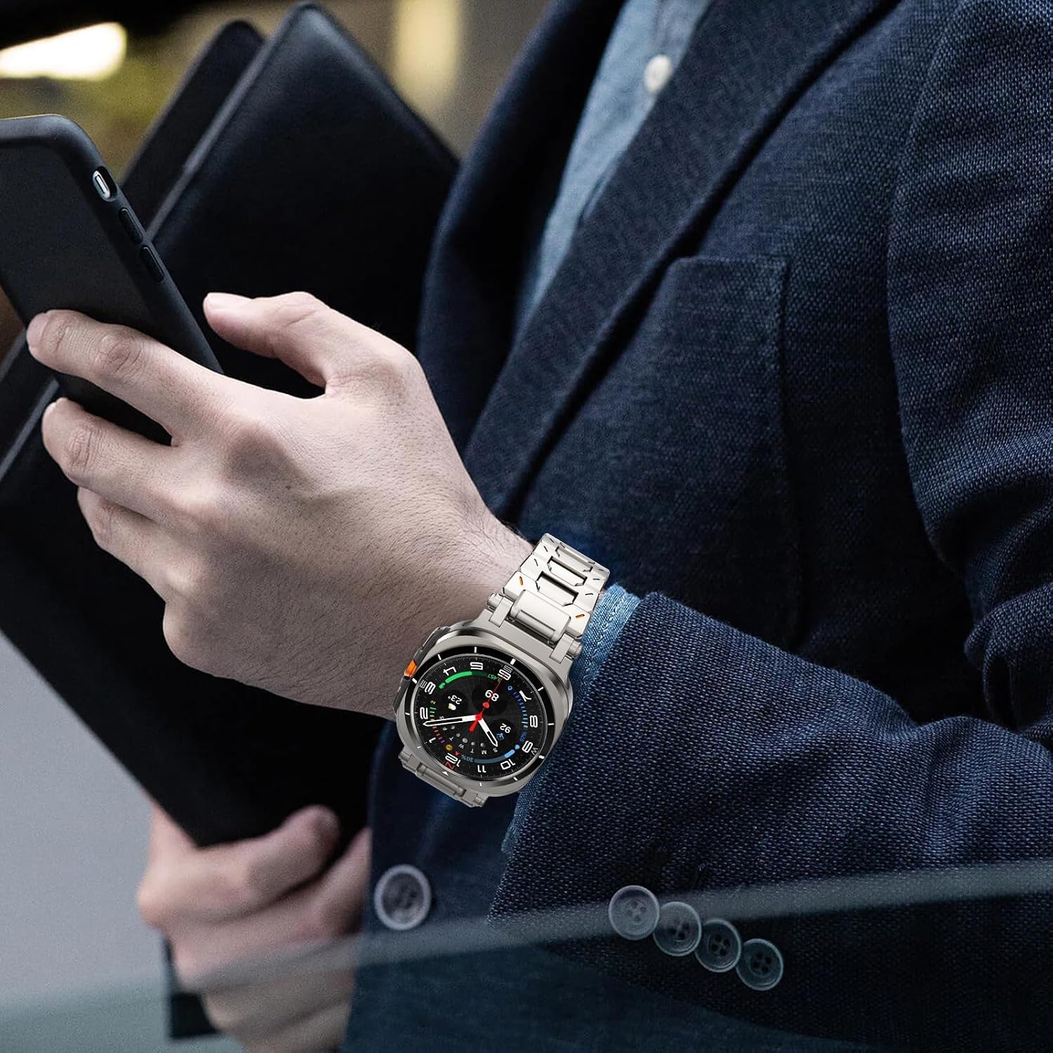 WINGLE Compatible for Galaxy Watch 8/8 Classic Band Men Stainless Steel Samsung Galaxy Watch 8 Band 44mm 40mm 46mm Rugged Metal Strap Classy Casual Business Bracelet Butterfly Folding Clasp, Titanium