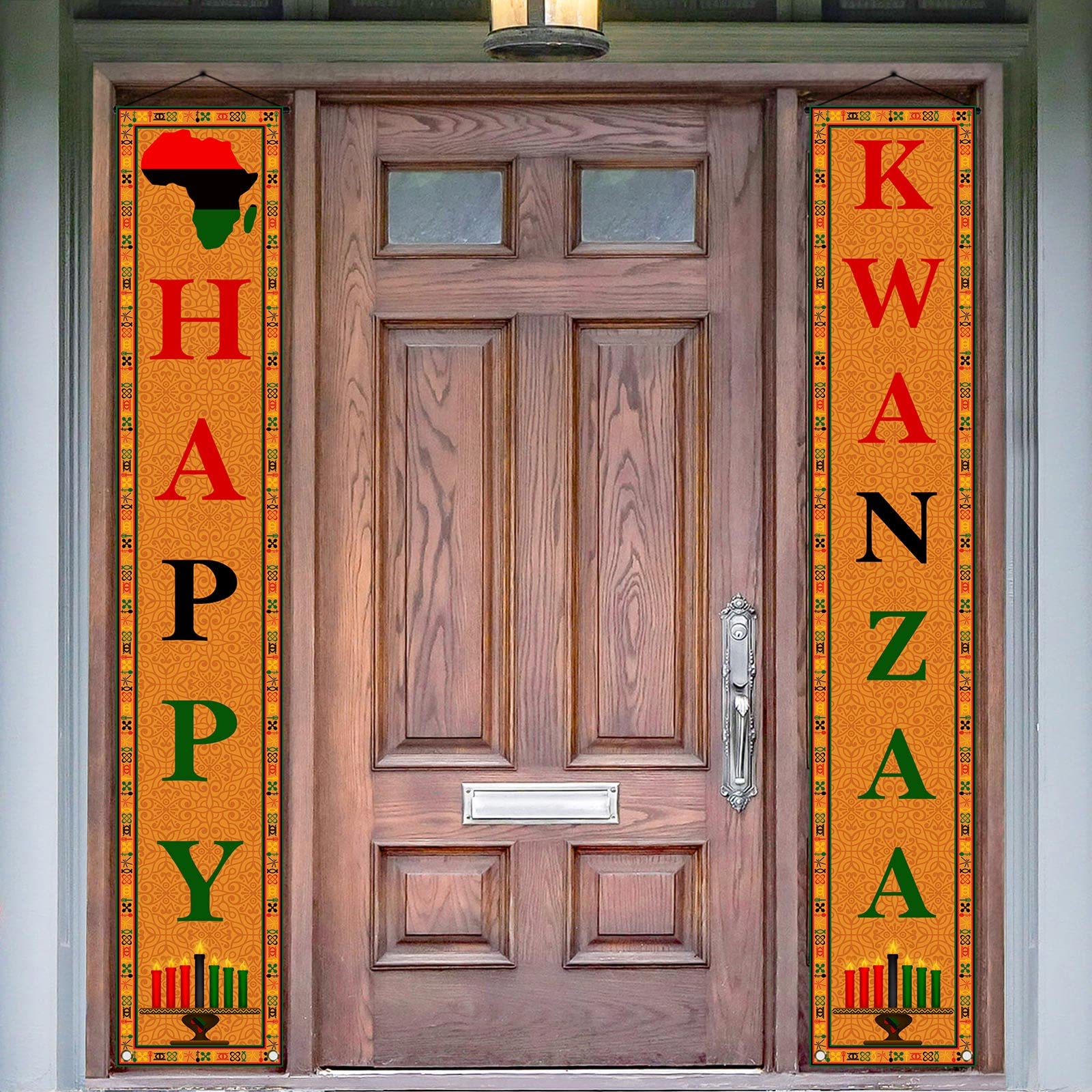 Photo 1 of 2 Happy Kwanzaa Porch Banner African Americans Heritage Faith Kinara Candles Wall Hanging Flags Yard Sign Welcome Sign Hanging Porch Sign Front Door Indoor Outdoor Holiday Kwanzaa Party Decorations