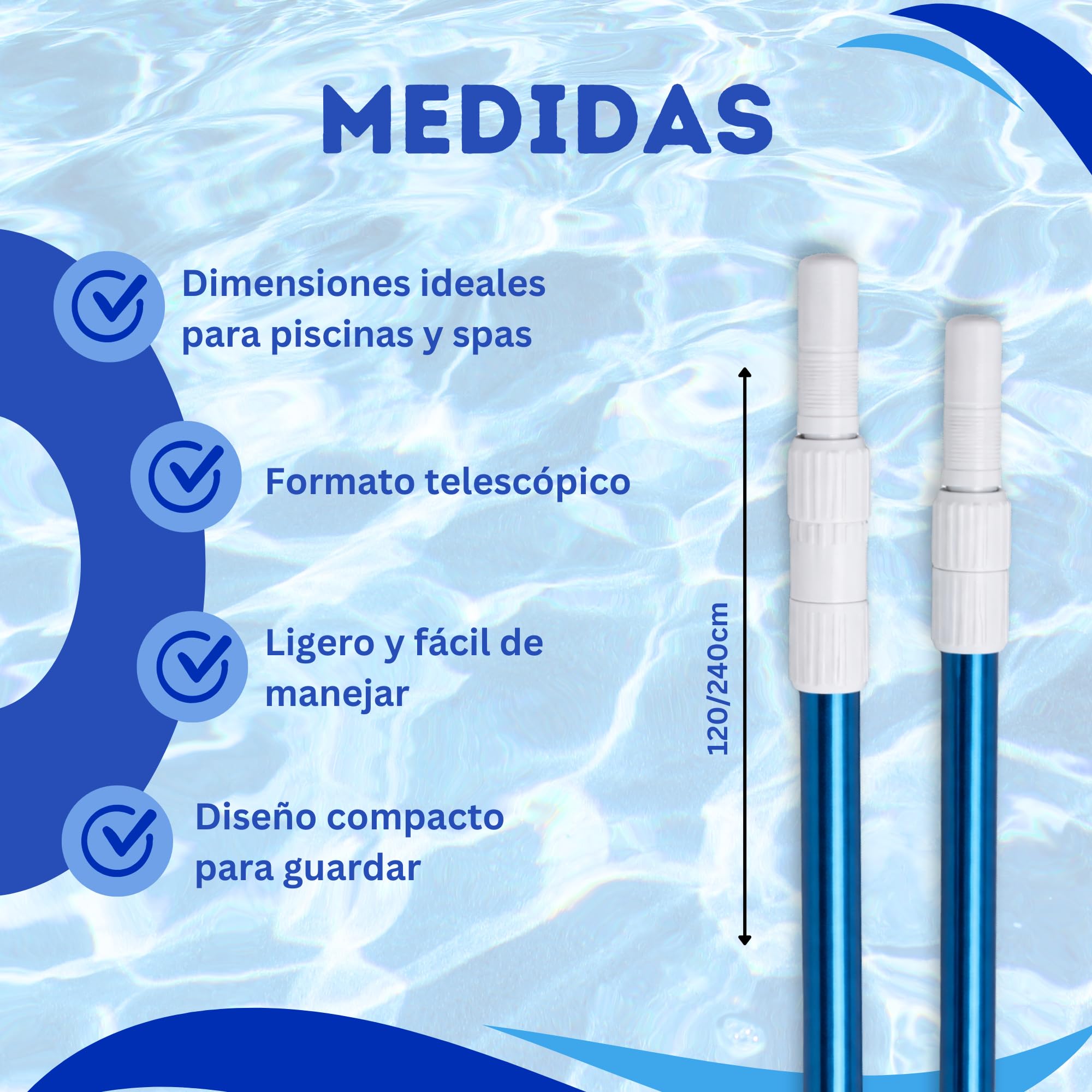 Onepool - Asta telescopica per piscina, 120-240 cm, con sistema a clip, manico estensibile in alluminio per scovolini, spazzole e raccoglitori, asta leggera e resistente per piscine