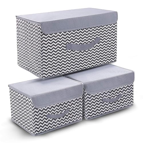 FLYNGO 3 Pcs Foldable Storage Box Organiser with Lid, Versatile Storage Basket Bins for Wardrobe, Clothes, Toys, Books, and Other Supplies (1 Large + 2 Small)
