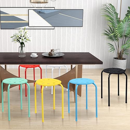 Miniatura 5 de COSTWAY Paquete de 6 taburetes redondos apilables de plástico, 17.5 pulgadas de altura, taburetes de decoración de aula escolar con marco de metal,