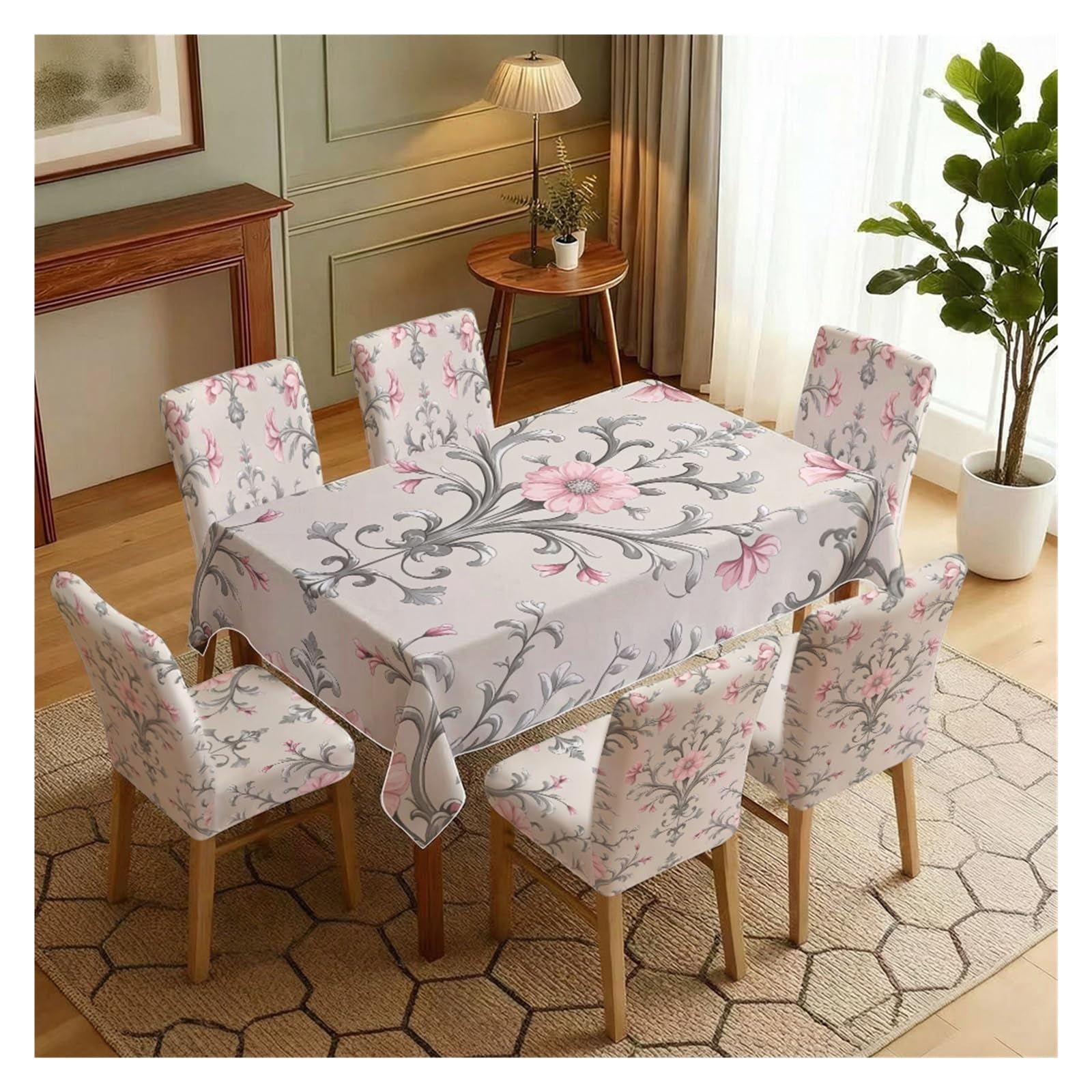 KXUAUV Stretch Dining Chair Slipcover & Tablecloth Set, Light Beige Pink Damask Floral Print, 5/7 Pack, Luxury Elegant Home Decor Party Decor(7pcs Set: Tablecloth+Chair Covers)