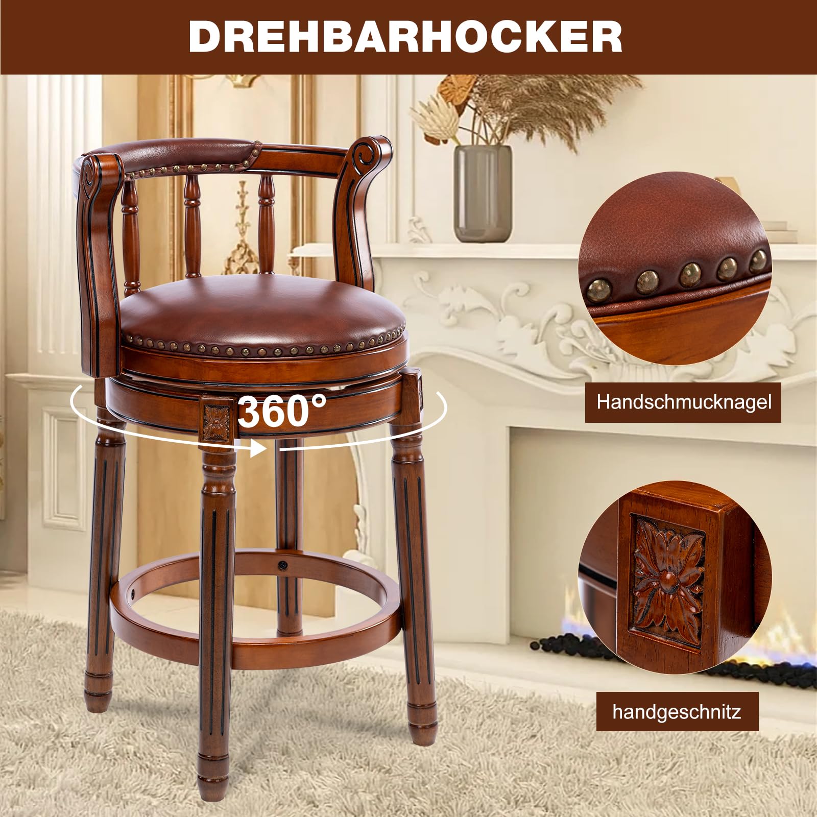 Barhocker aus Leder mit Rindsleder, Sitzhöhe 66 cm, Drehstuhl für Zuhause, Küche, Theke, Mordener Stuhl, Esszimmer, Restaurant, Arbeitszimmer und Kneipe, 1 Stück