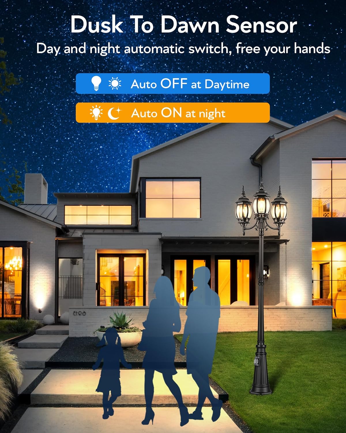 VIANIS Outdoor Wall Lights, Dusk to Dawn Black Exterior Lighting Fixtures, E12 Outdoor Pendant Lights, Adjustable Hanging Lanterns, 3-Head Outdoor Post Light with Outlet, Waterproof Pole Street Lights