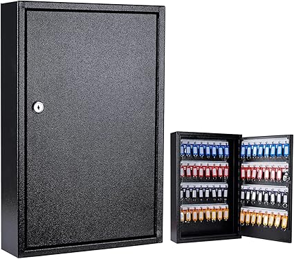 Furnishh Key Box Wall Mount 64 Position Metal Locking Key Cabinet Organizer with Key Tags Key Safe Security Storage Lockbox Holder for Valets, Hotels, Car and House Keys, Key Keeper Box - Black