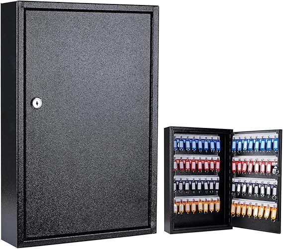 Furnishh Key Box Wall Mount 64 Position Metal Locking Key Cabinet Organizer with Key Tags Key Safe Security Storage Lockbox Holder for Valets, Hotels, Car and House Keys, Key Keeper Box - Black