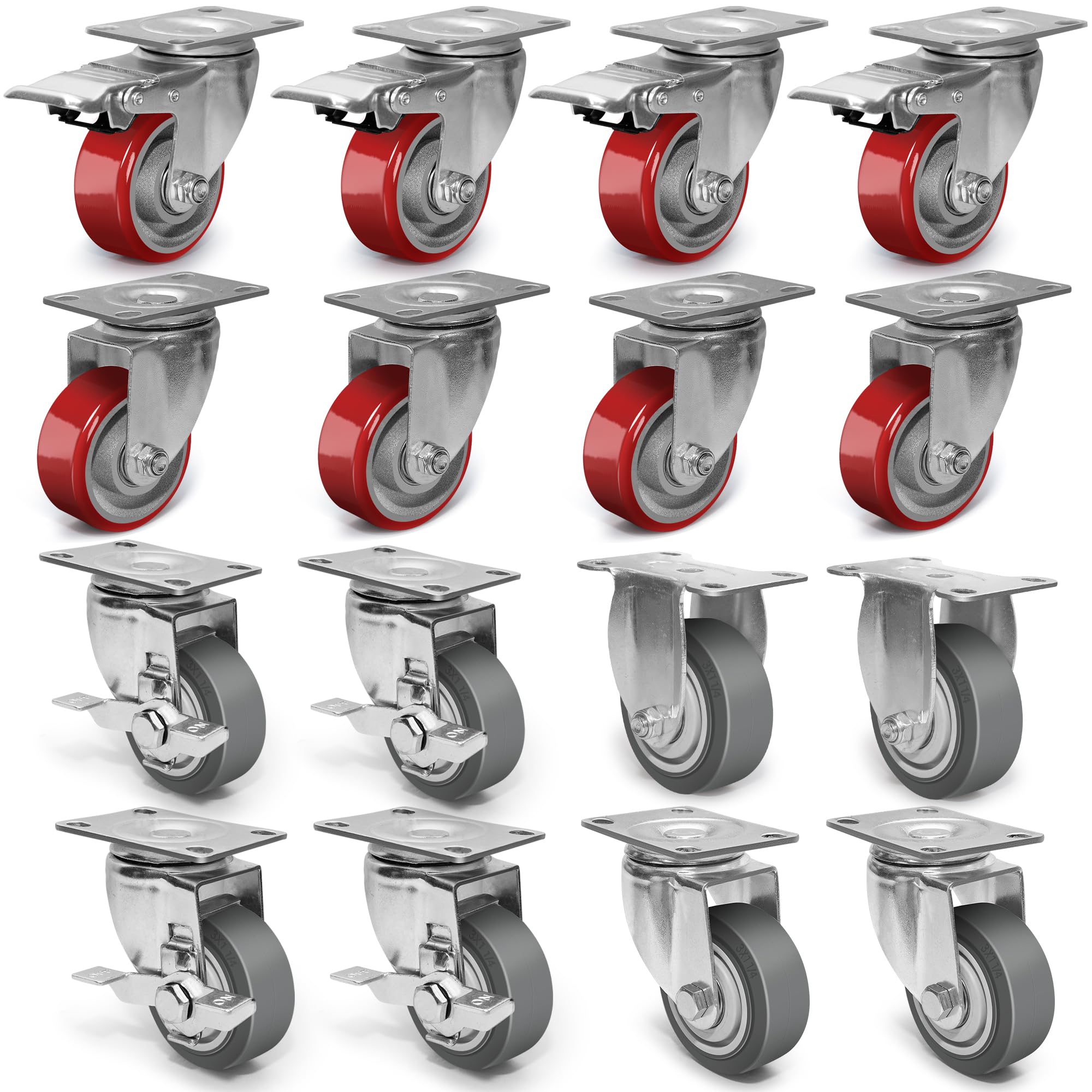 Sohnvwtgd 5 3 Inch Caster Wheels, Rubber Wheels Silent Castor, Polyurethane On Steel Wheel- Casters Set Of 16, Heavy Duty 4 Set Caster Wheels 1200-1400 Lbs Capacity, Industrial Plate Casters Wheels