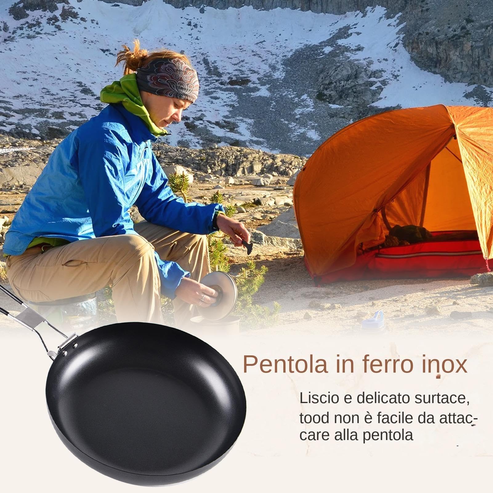 Padella Pieghevole per Esterni, Antiaderente, Rotonda, 24 cm, Nero, Lavabile in Lavastoviglie, Adatta per Campeggio e Picnic