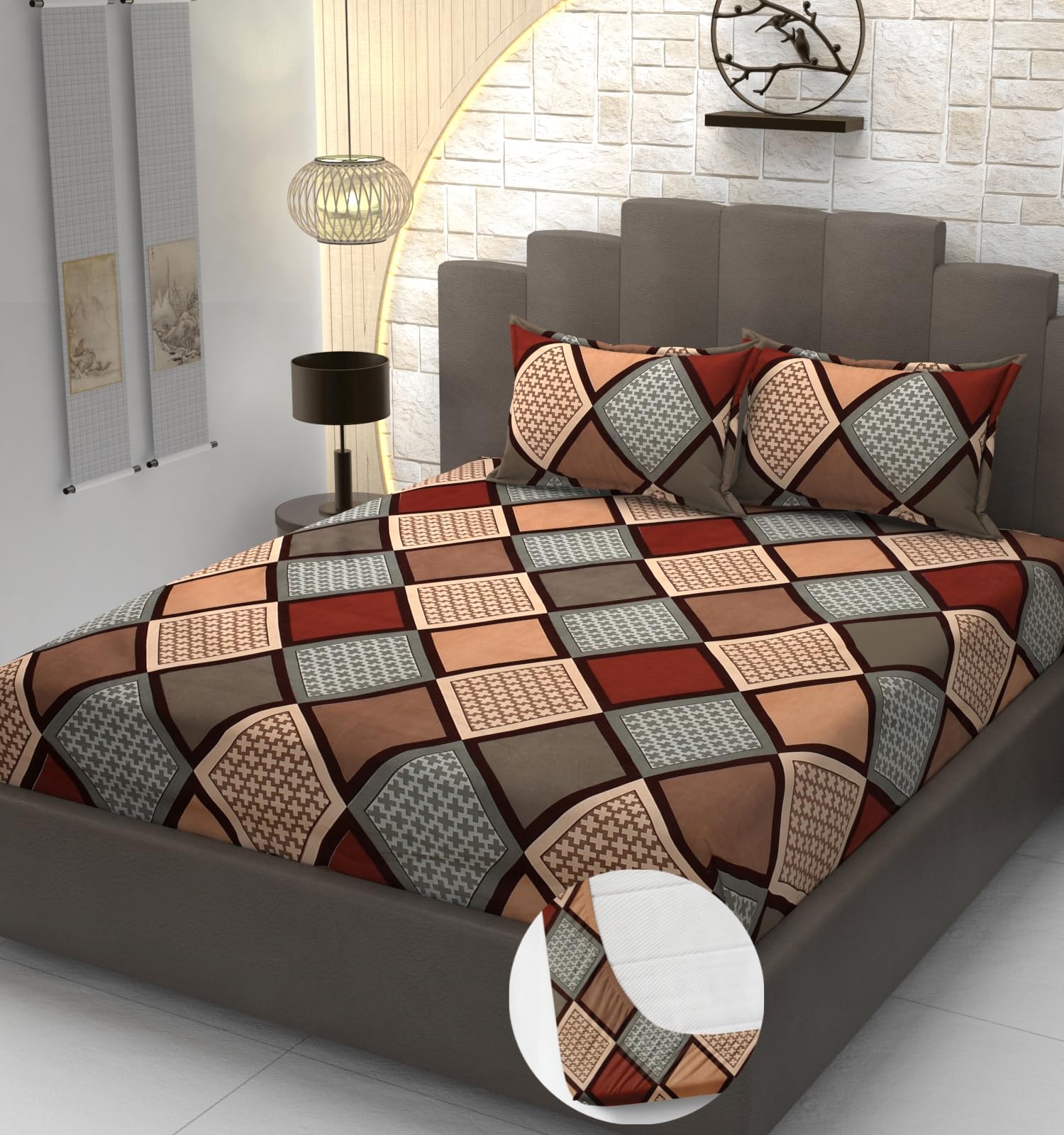 - Stylish Threads Premium Heavy Cotton Elastic Fitted Check Bedsheets With 2 King Size Pillow Covers||Double Bed With All Around Elastic 350 Tc||72 X 78 Inch King Size Fitted||Brown Multi Box